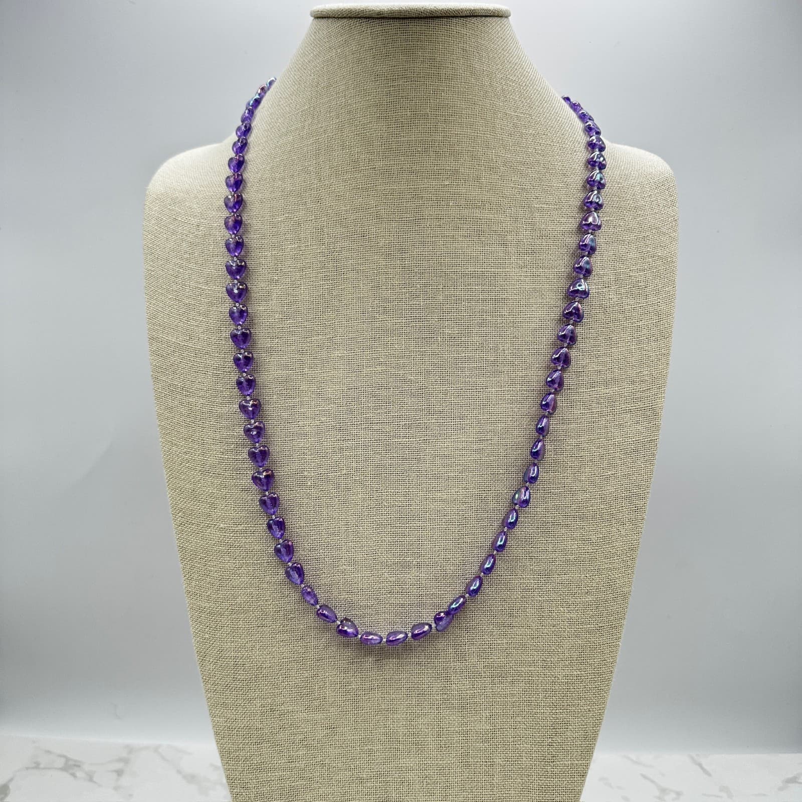 Vintage Purple Faceted Amethyst Heart-Shaped Mala Beaded Fashion Necklace