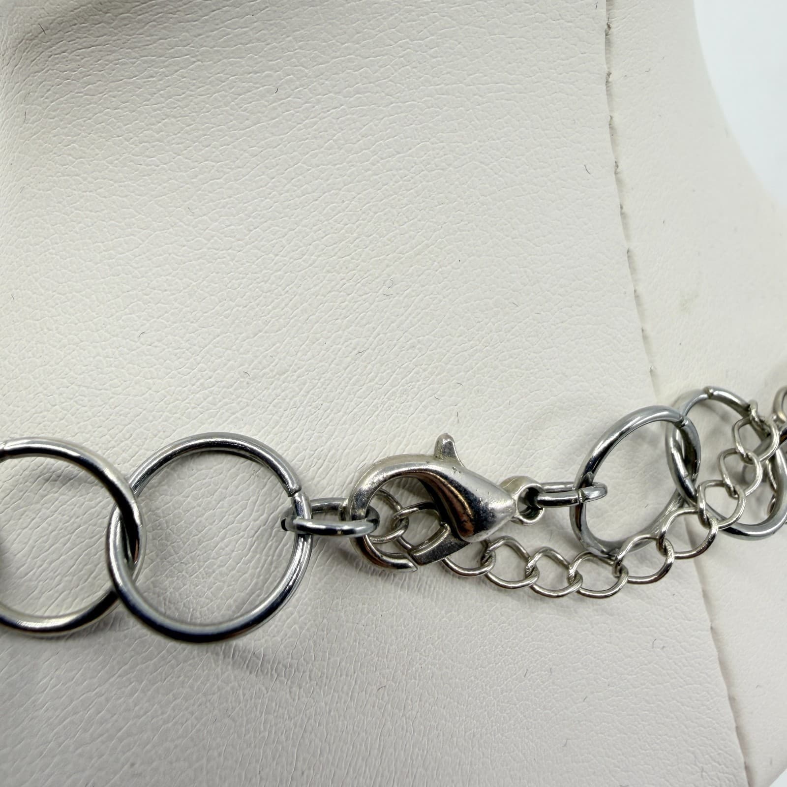 Vintage Silver Tone Geometric Link Necklace Textured Rings 3D Cube Long Chain - Thumbnail 9