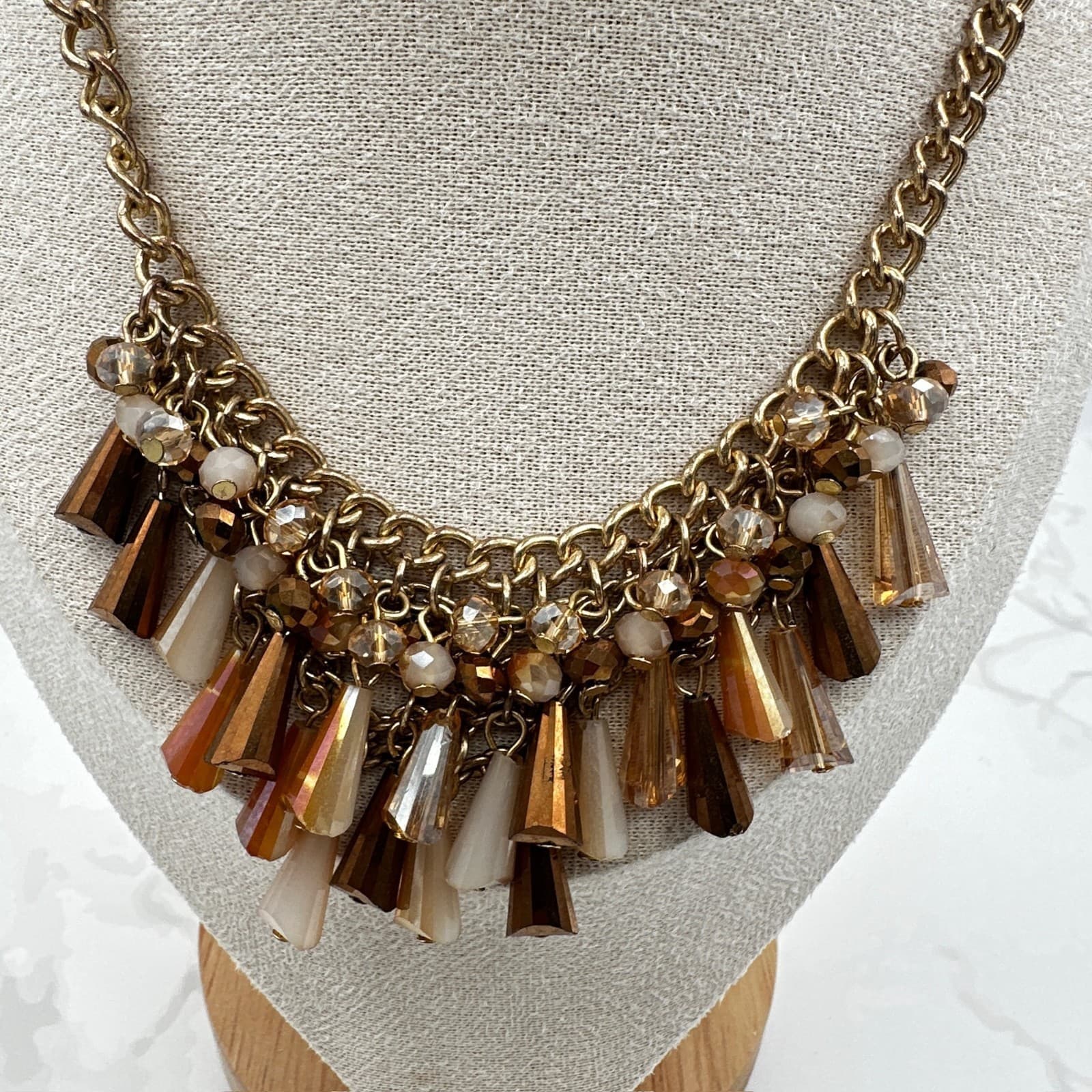 Vintage Gold-Tone Classic Curb Faceted Beads Glamorous Bib Choker Statement - Thumbnail 2