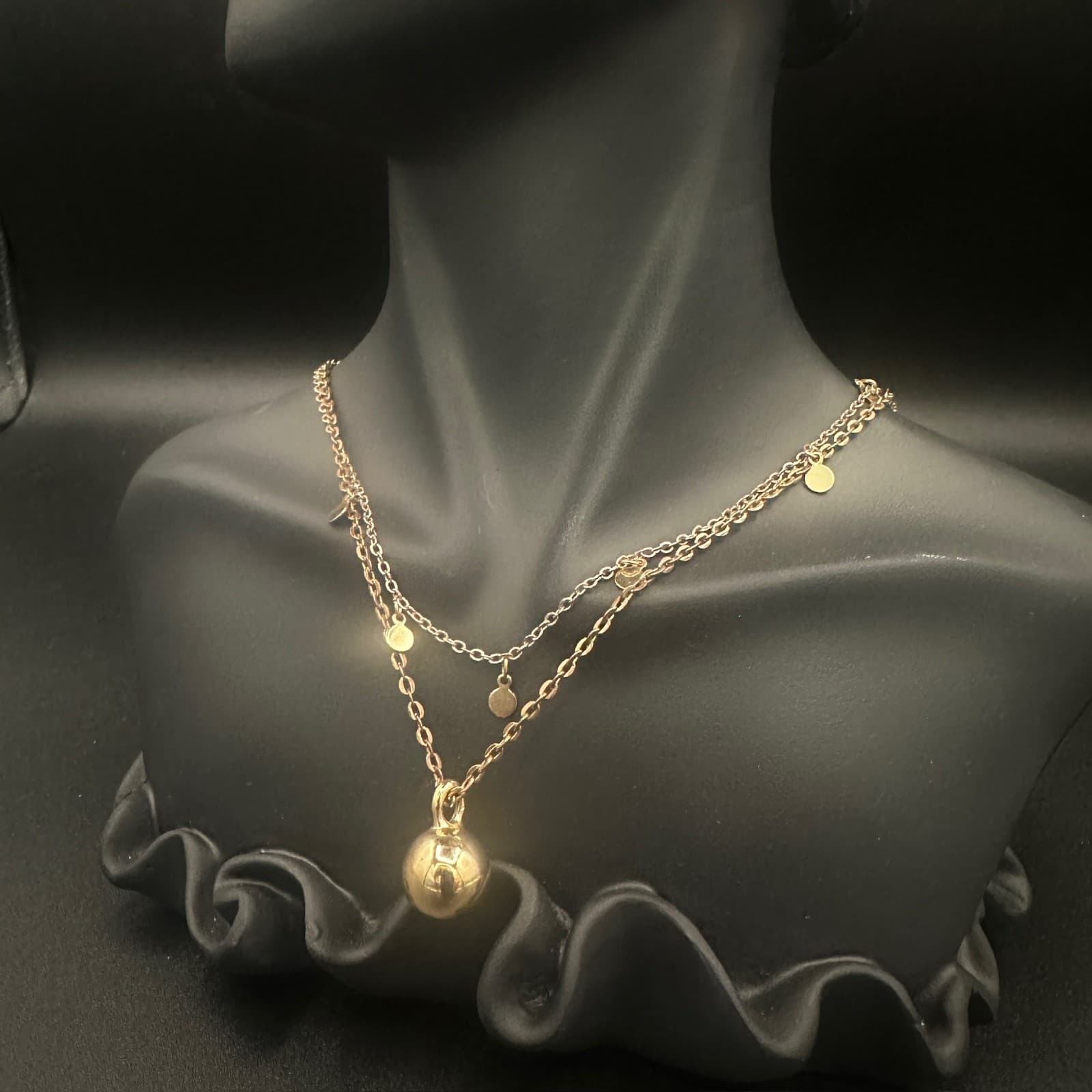 Vintage Delicate Gold-Tone Layered Necklace w/ Disc Charms & Drop Pendant - Thumbnail 5