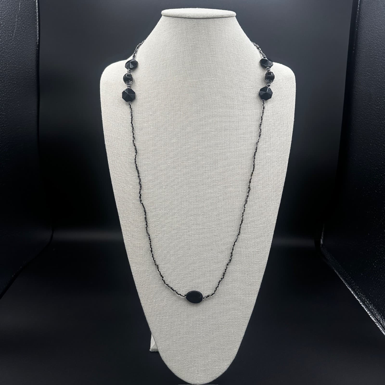 Vintage Black Beaded Long Necklace w/ Geometric Accents Minimalist Chic