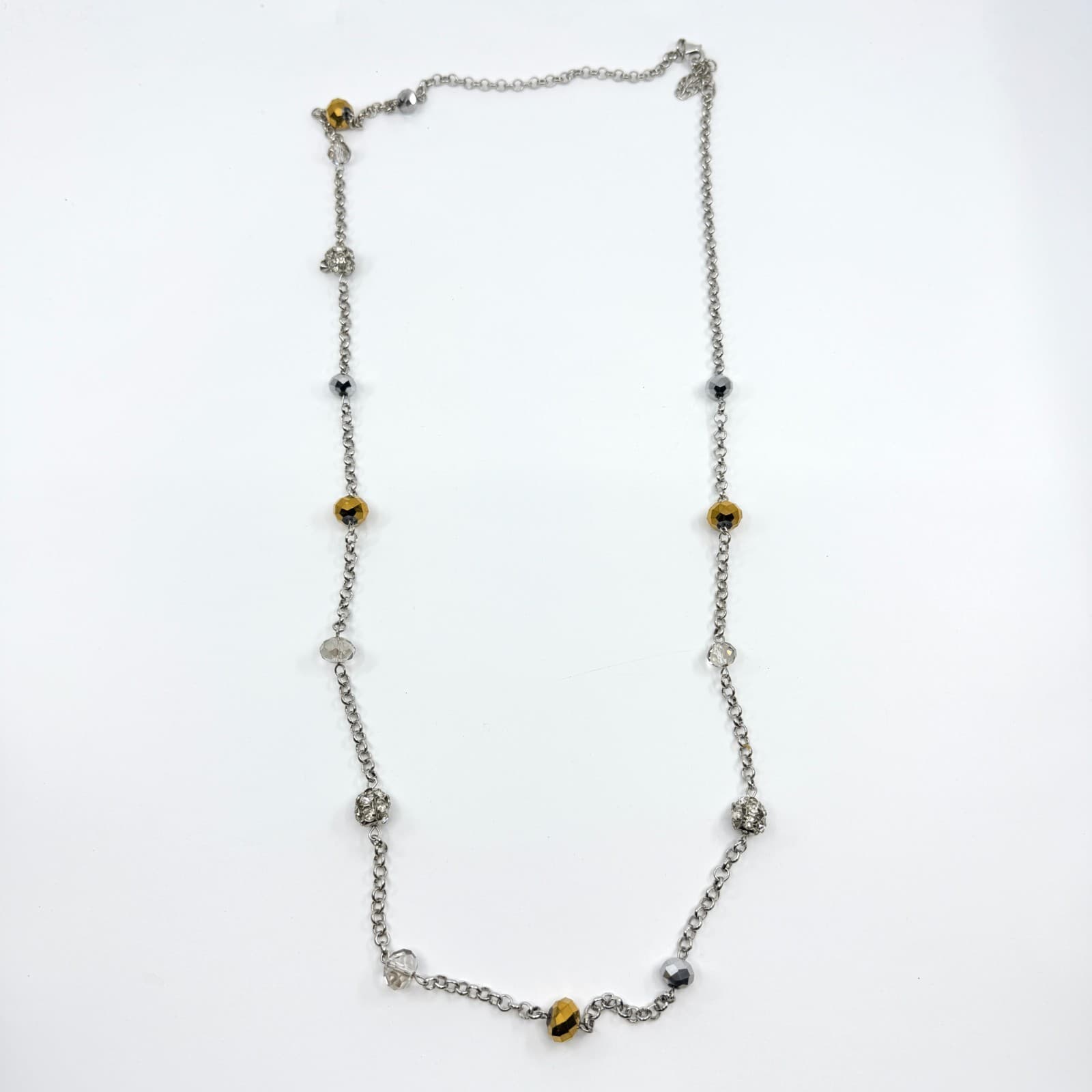 VTG Y2K Silver Tone Multi Strand Long Station Necklace Gold Tone Gray Crystal - Thumbnail 8