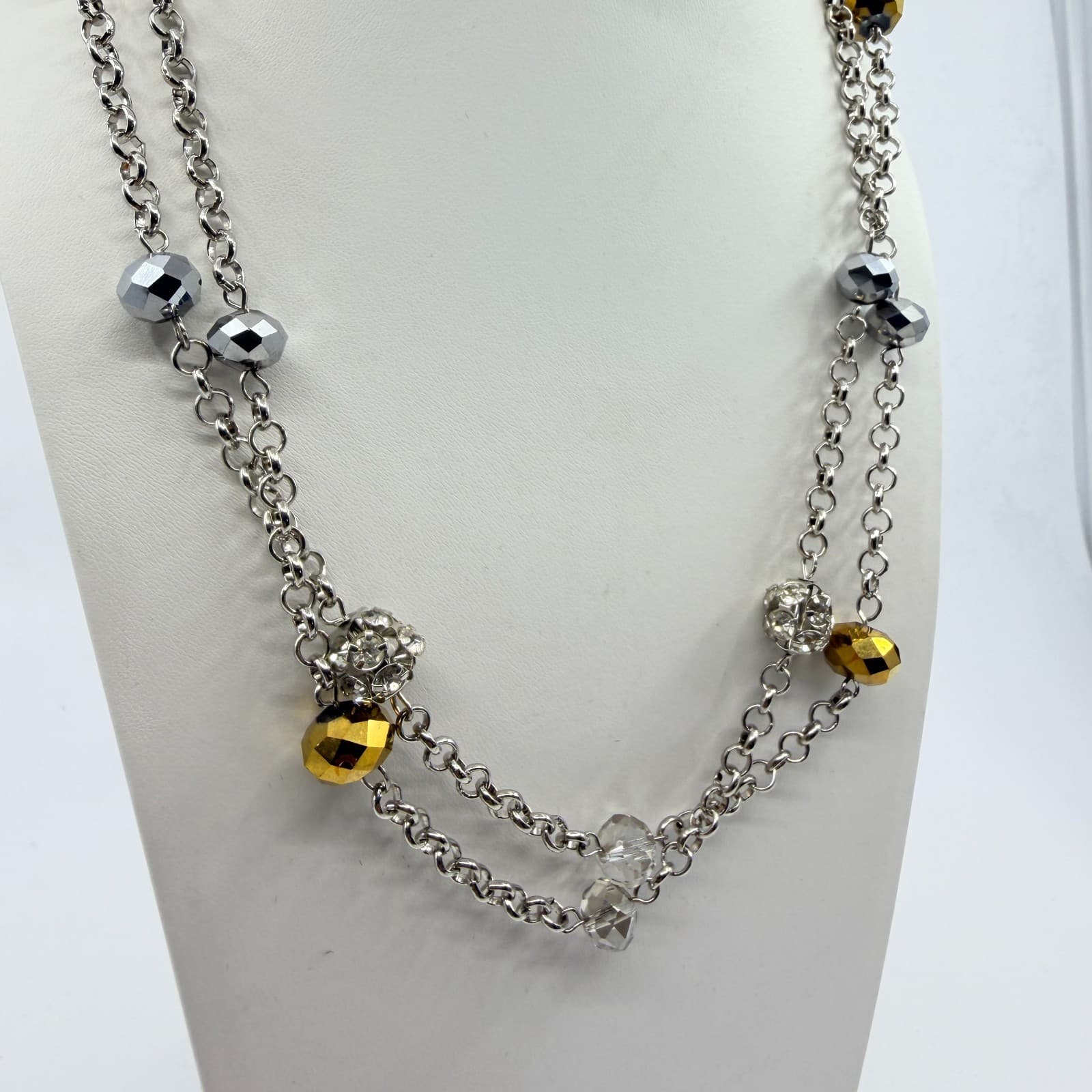 VTG Y2K Silver Tone Multi Strand Long Station Necklace Gold Tone Gray Crystal - Thumbnail 4