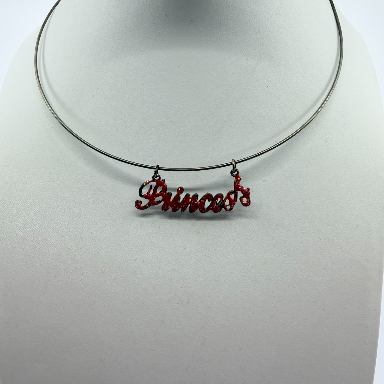 Vintage Silver Tone Red Glitter Princess Script Necklace Wire Choker Retro Y2K - Thumbnail 5