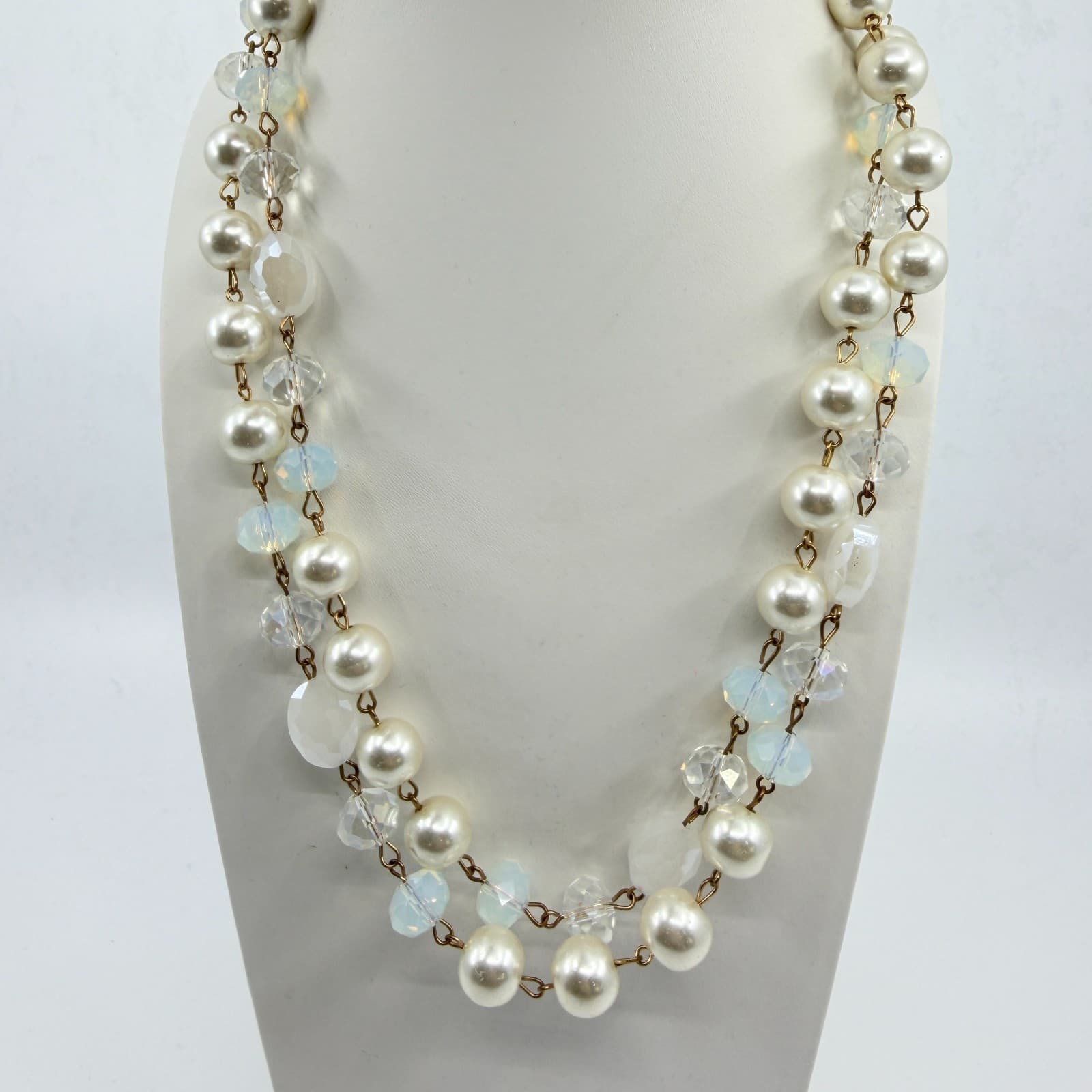 Vintage Faux Pearl Layered Link Necklace Crystal Aurora Borealis Glass Beads