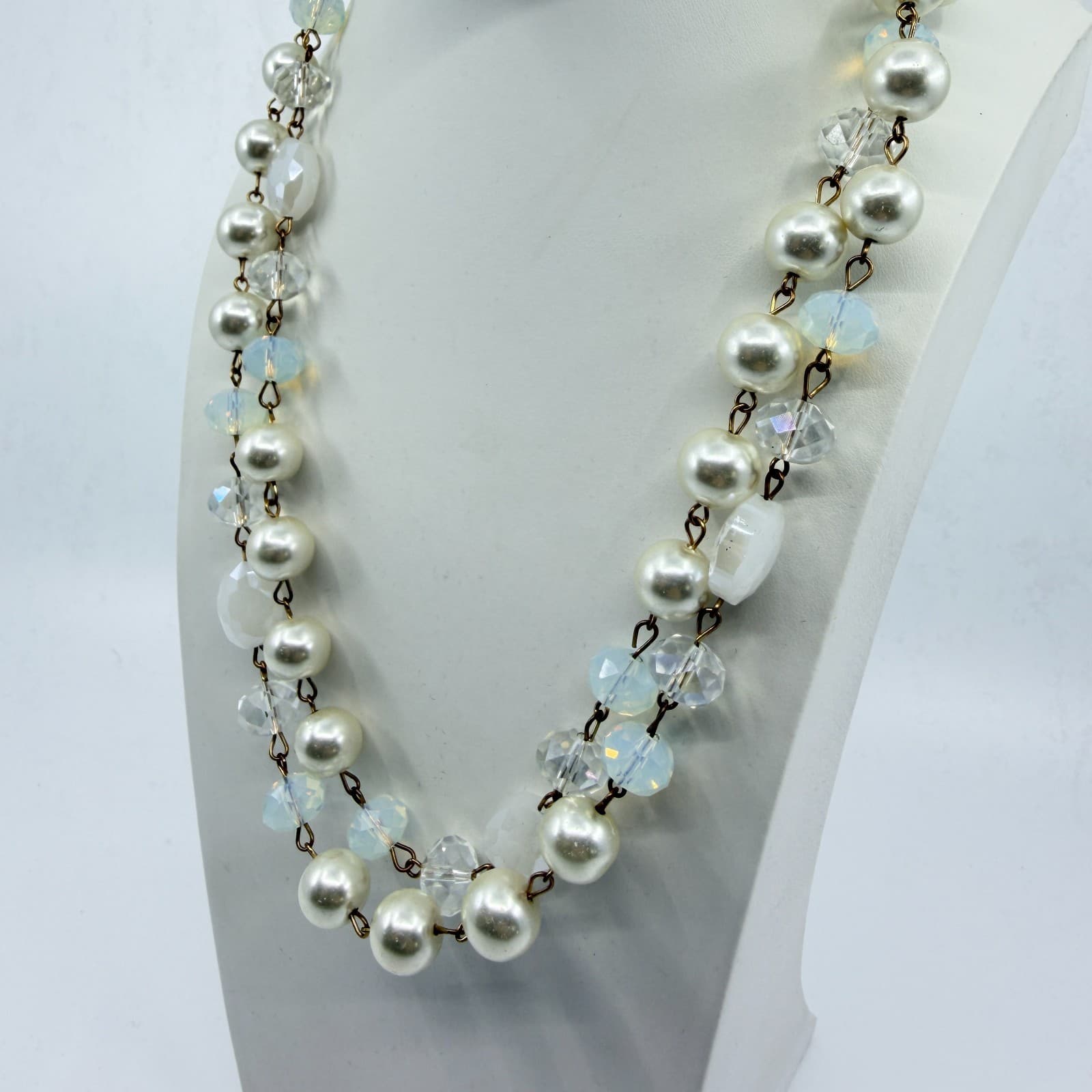 Vintage Faux Pearl Layered Link Necklace Crystal Aurora Borealis Glass Beads - Thumbnail 3