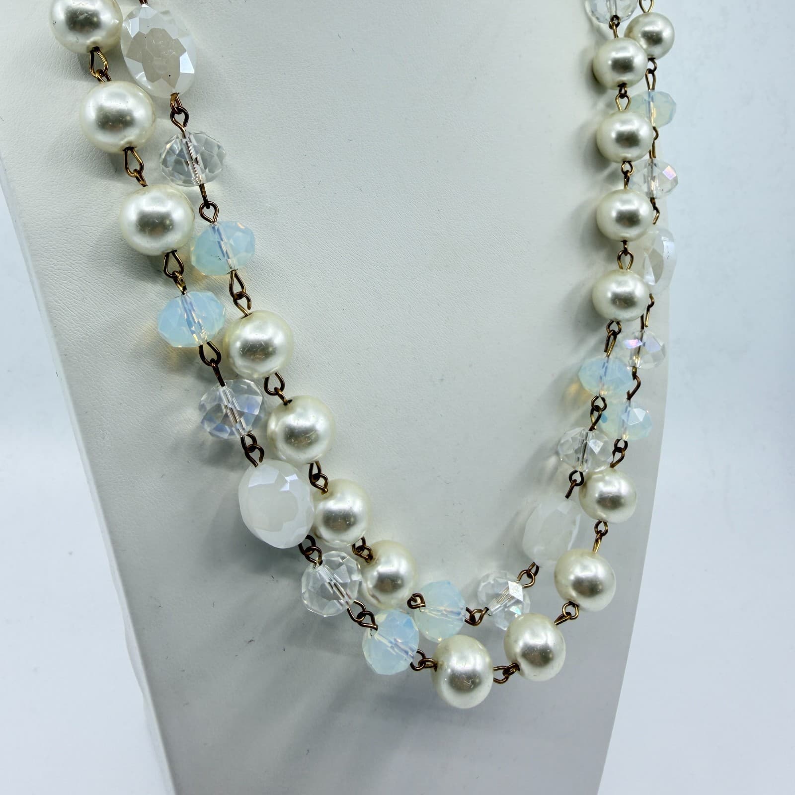 Vintage Faux Pearl Layered Link Necklace Crystal Aurora Borealis Glass Beads - Thumbnail 6