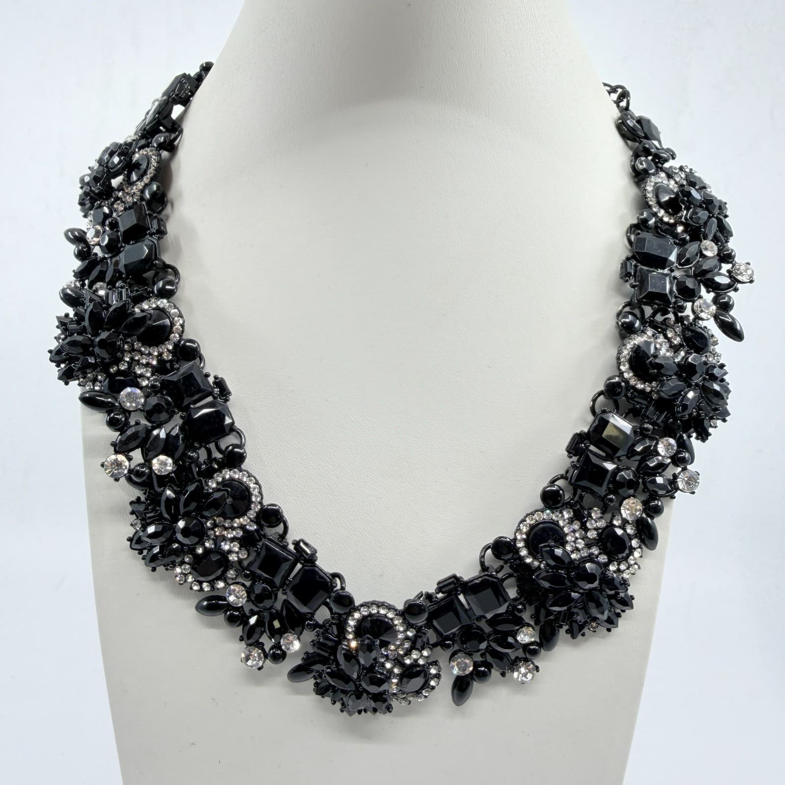 VTG Y2K Black Rhinestone Bib Statement Necklace Chunky Crystal Collar Lobster - Thumbnail 7