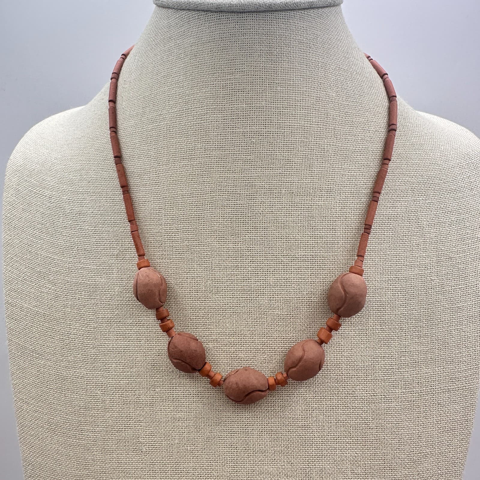Vintage 90s Terracotta Wooden Beaded Necklace Statement Women's Classic Jewelry - Thumbnail 7