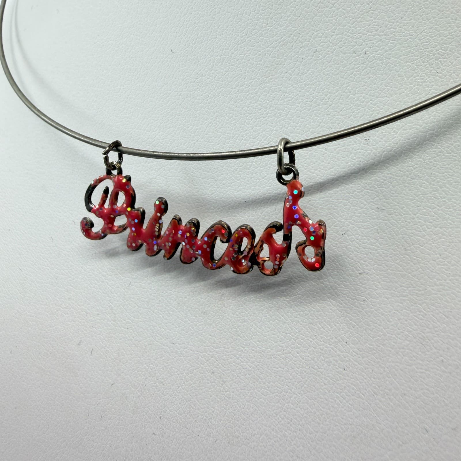 Vintage Silver Tone Red Glitter Princess Script Necklace Wire Choker Retro Y2K - Thumbnail 3