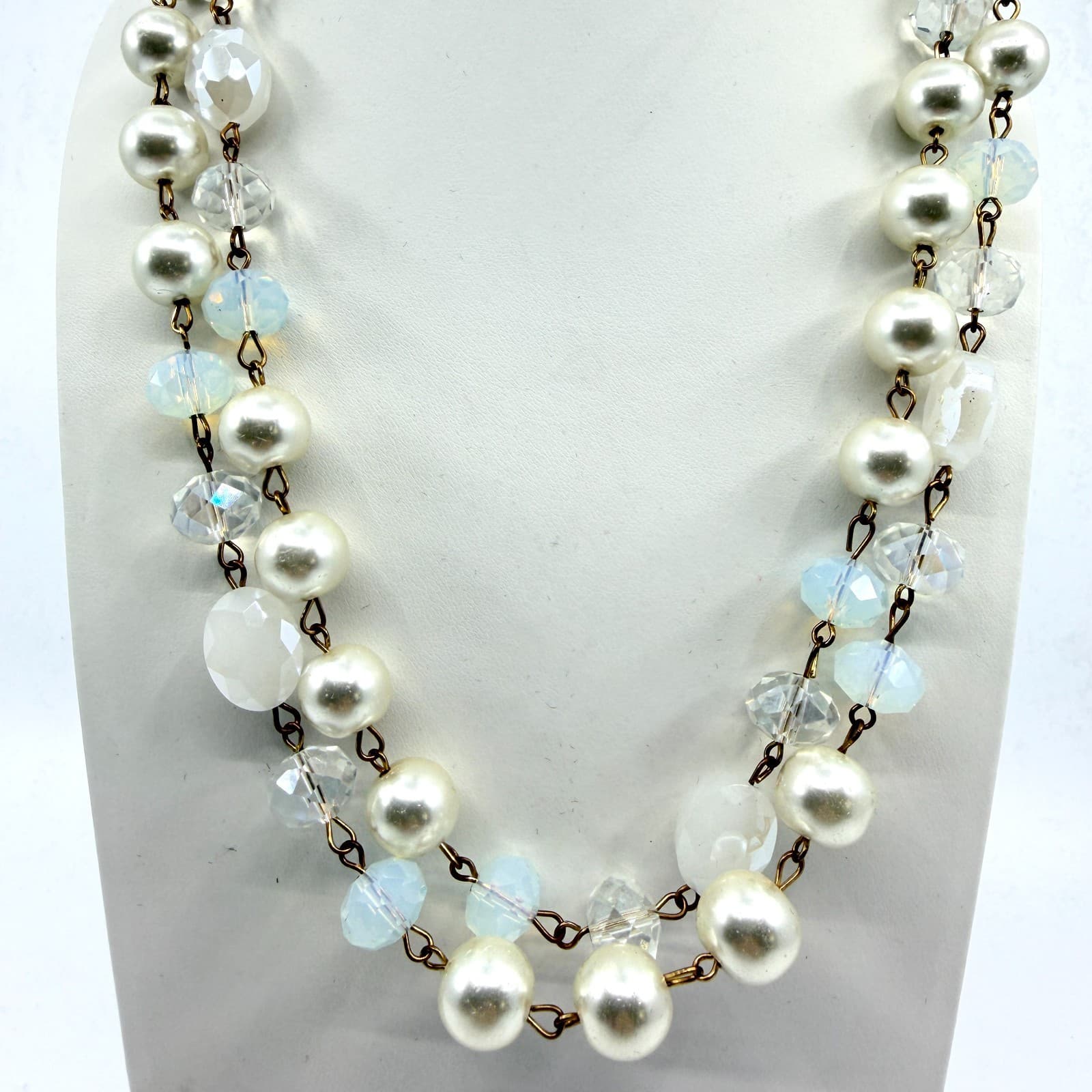 Vintage Faux Pearl Layered Link Necklace Crystal Aurora Borealis Glass Beads - Thumbnail 2