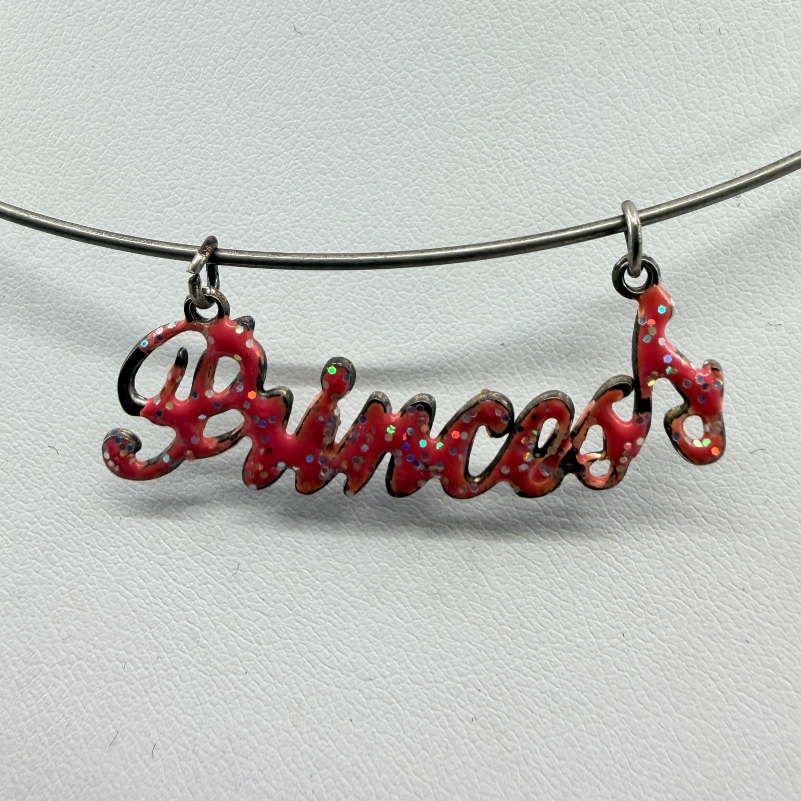 Vintage Silver Tone Red Glitter Princess Script Necklace Wire Choker Retro Y2K - Thumbnail 4