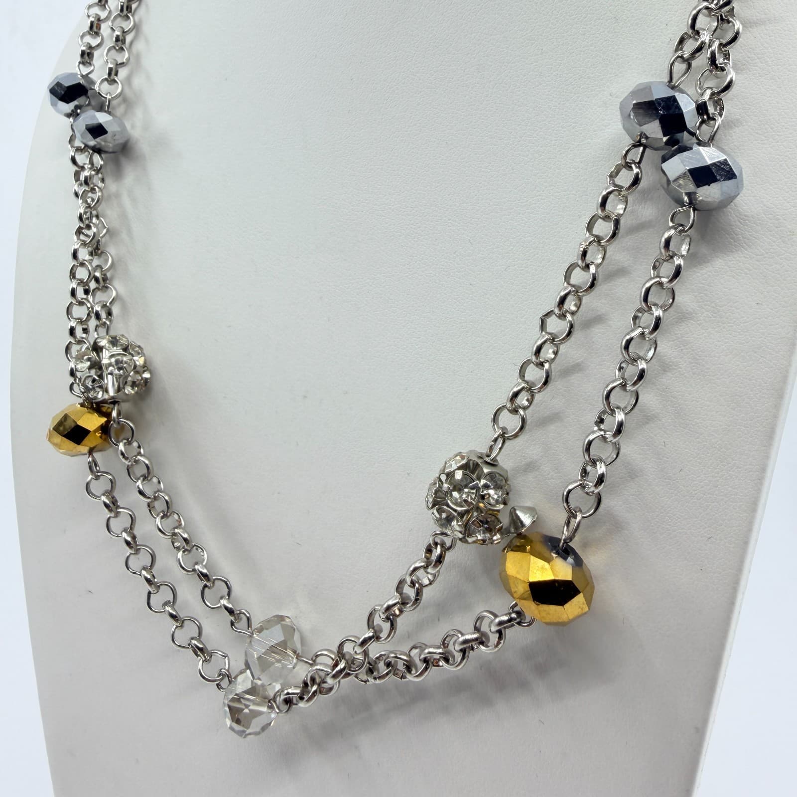 VTG Y2K Silver Tone Multi Strand Long Station Necklace Gold Tone Gray Crystal - Thumbnail 6