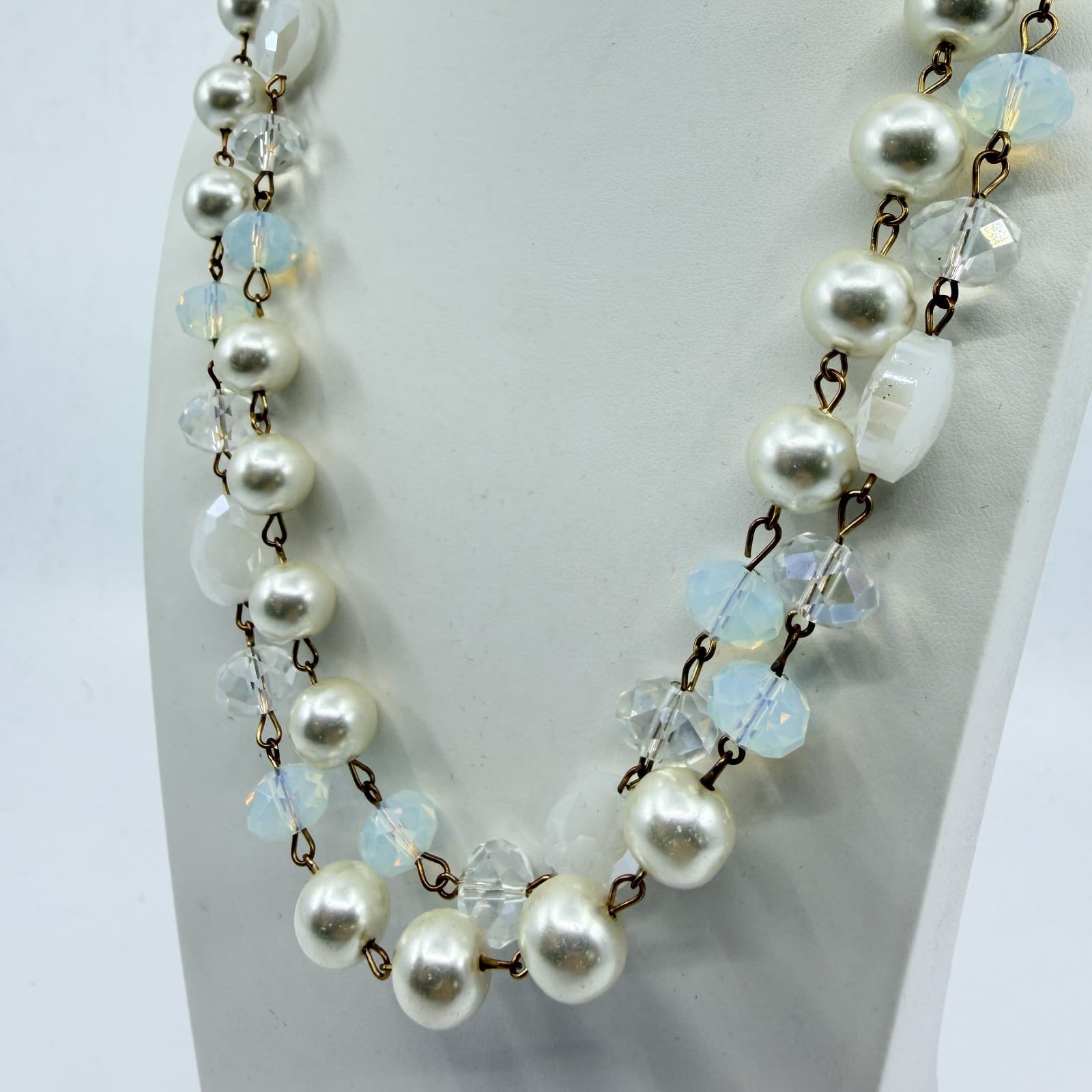 Vintage Faux Pearl Layered Link Necklace Crystal Aurora Borealis Glass Beads - Thumbnail 8