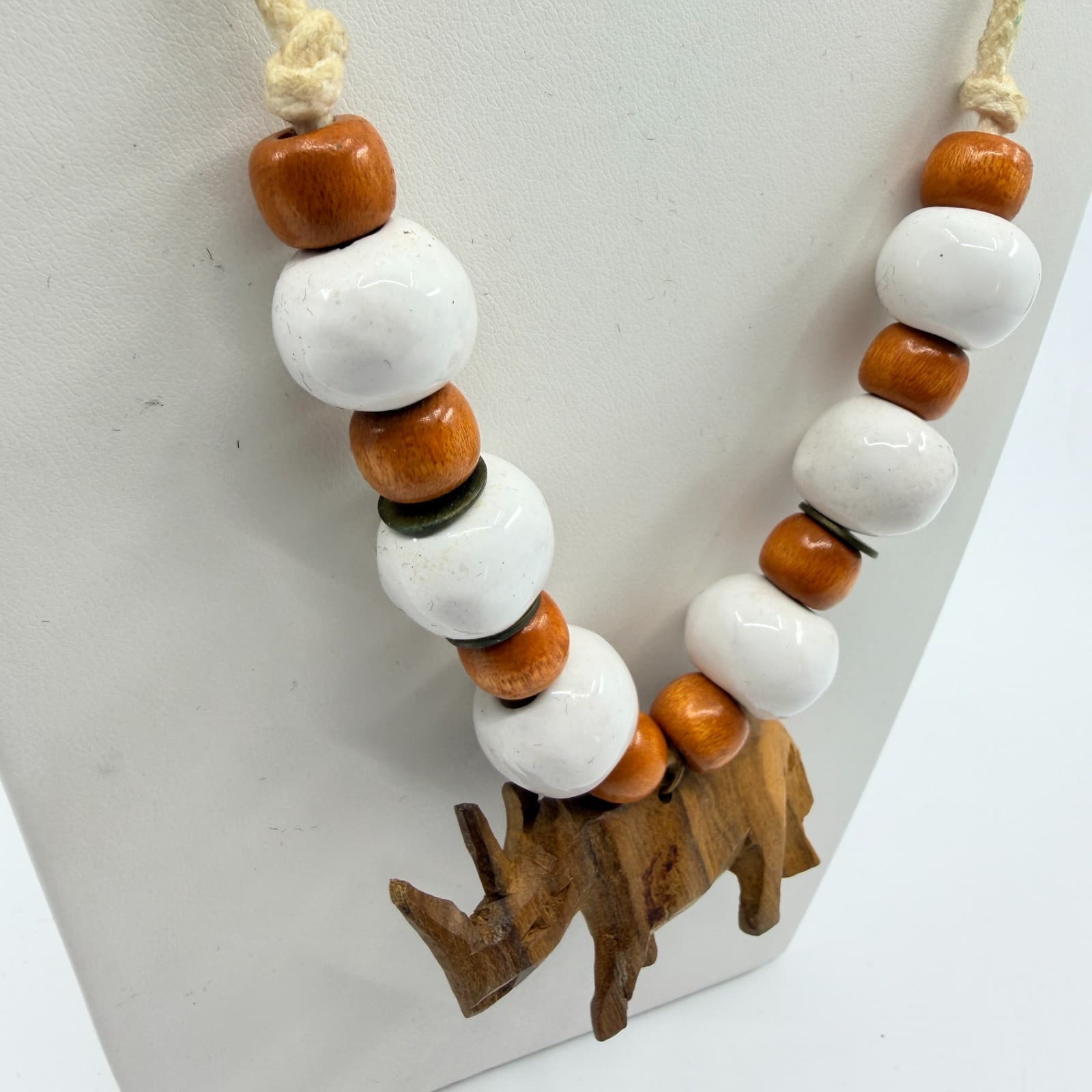 Vintage Carved Wood Rhinoceros Pendant Necklace Boho Ceramic Bead Cord 80s - Thumbnail 5