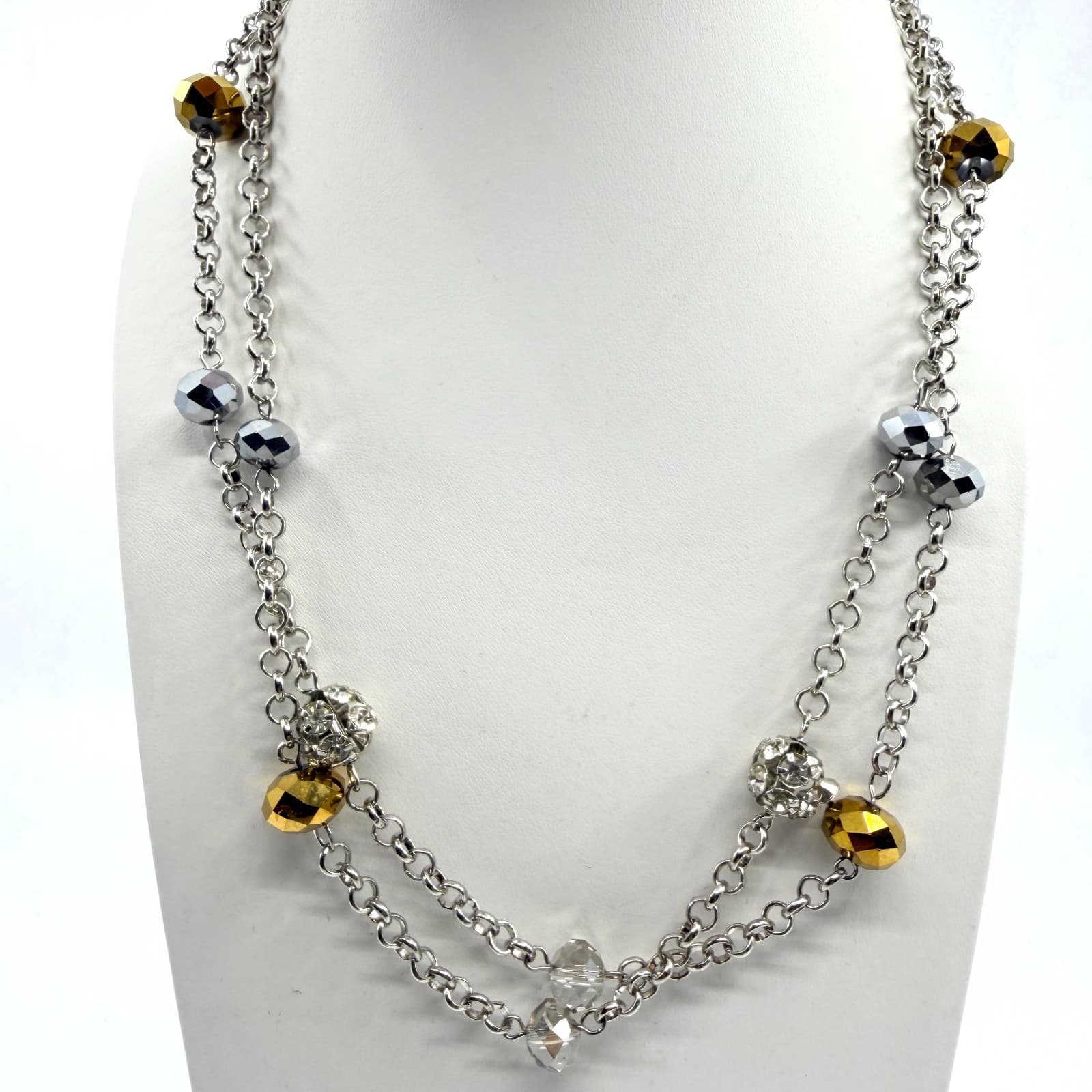 VTG Y2K Silver Tone Multi Strand Long Station Necklace Gold Tone Gray Crystal - Thumbnail 2