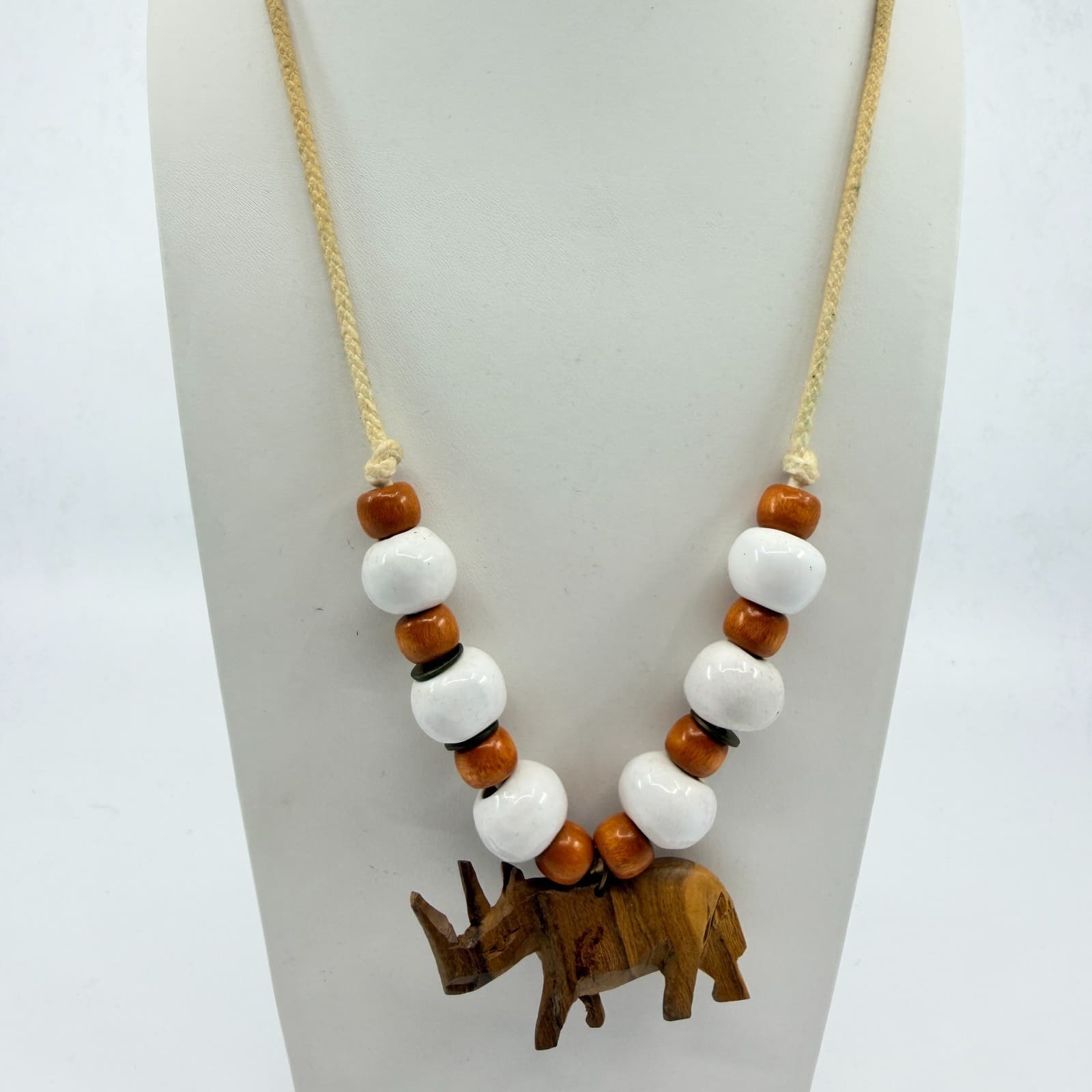 Vintage Carved Wood Rhinoceros Pendant Necklace Boho Ceramic Bead Cord 80s - Thumbnail 2