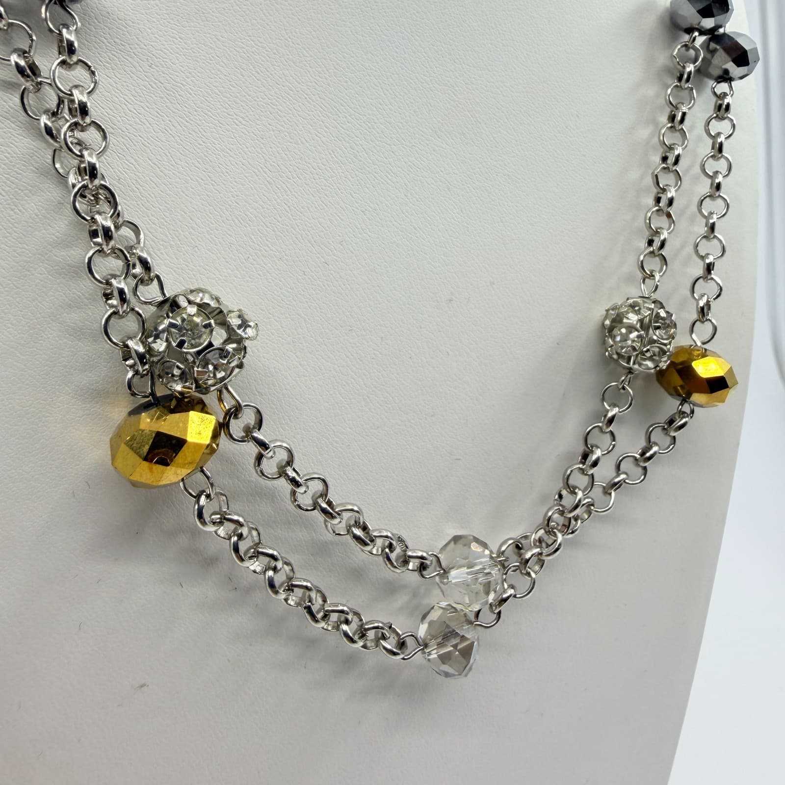 VTG Y2K Silver Tone Multi Strand Long Station Necklace Gold Tone Gray Crystal - Thumbnail 3