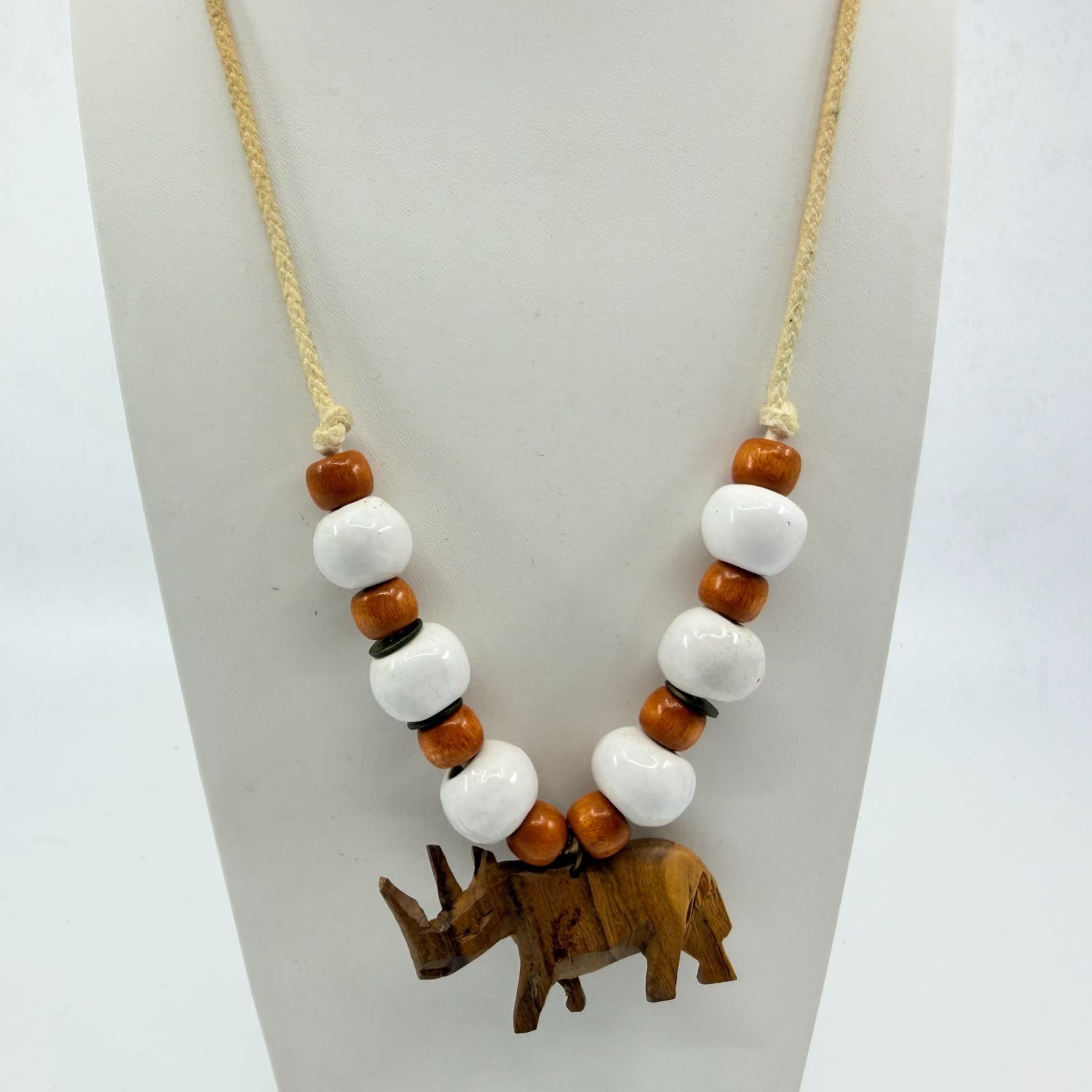 Vintage Carved Wood Rhinoceros Pendant Necklace Boho Ceramic Bead Cord 80s - Thumbnail 4