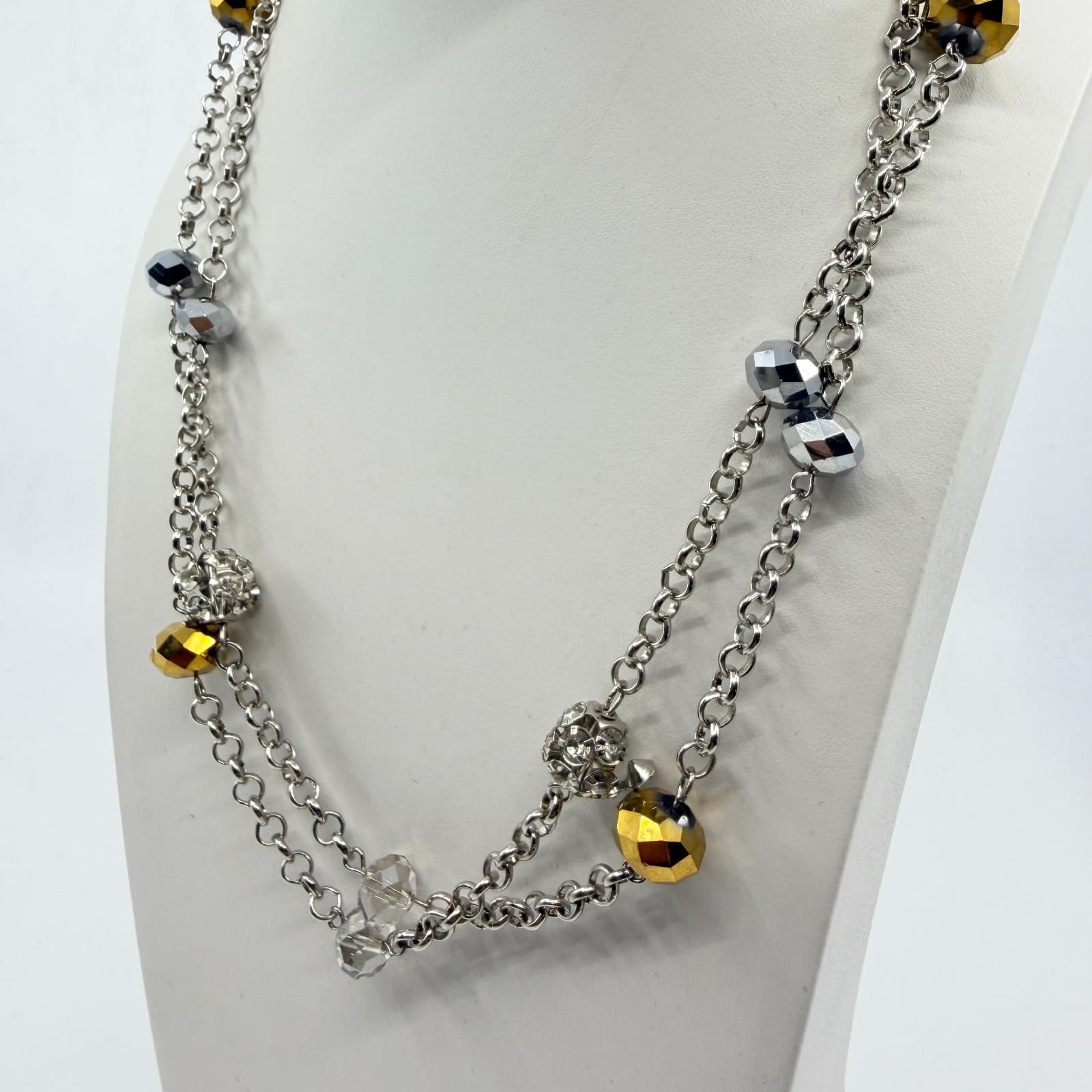 VTG Y2K Silver Tone Multi Strand Long Station Necklace Gold Tone Gray Crystal - Thumbnail 7