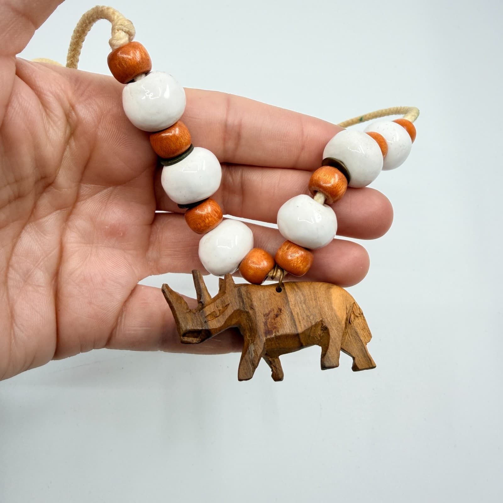 Vintage Carved Wood Rhinoceros Pendant Necklace Boho Ceramic Bead Cord 80s - Thumbnail 8