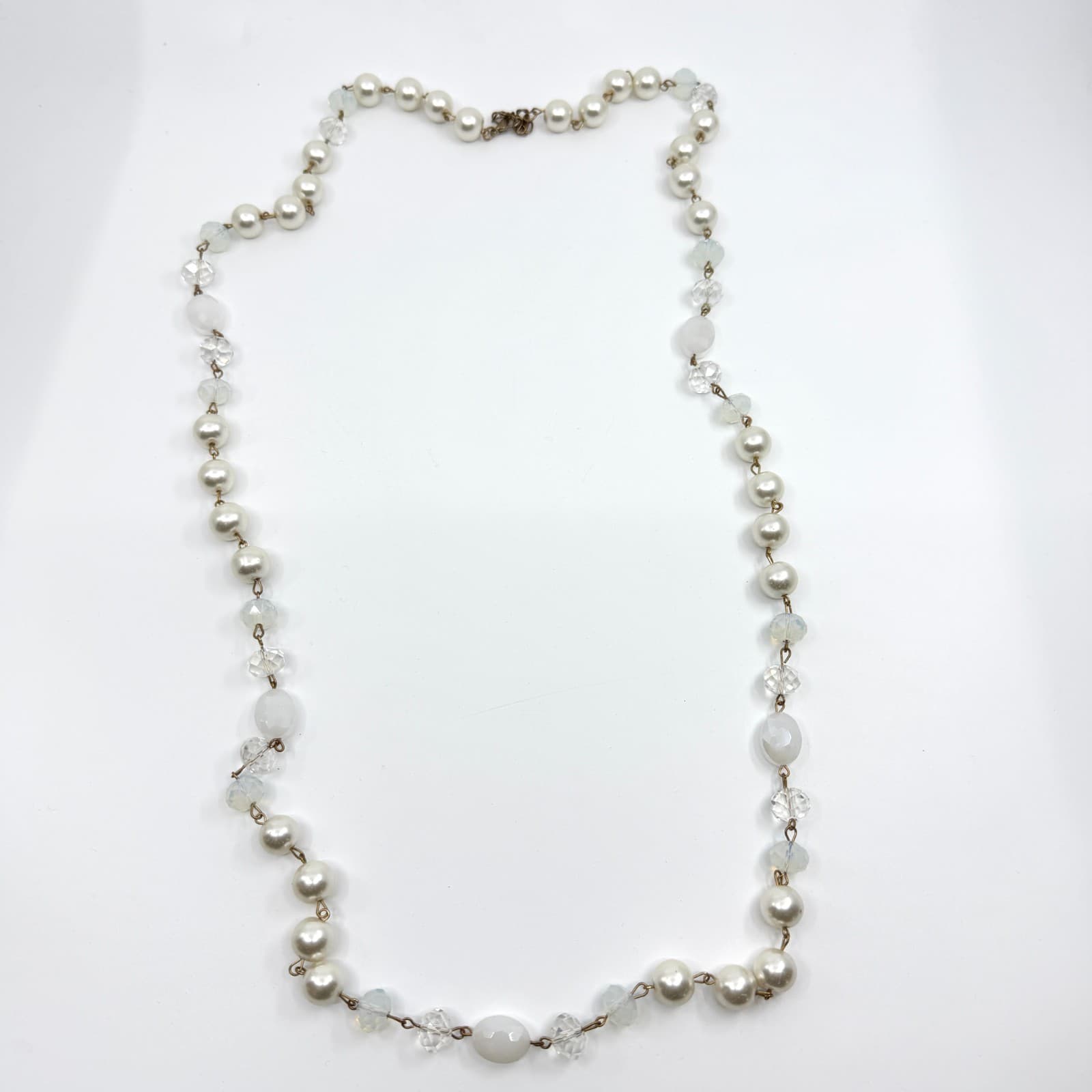 Vintage Faux Pearl Layered Link Necklace Crystal Aurora Borealis Glass Beads - Thumbnail 11