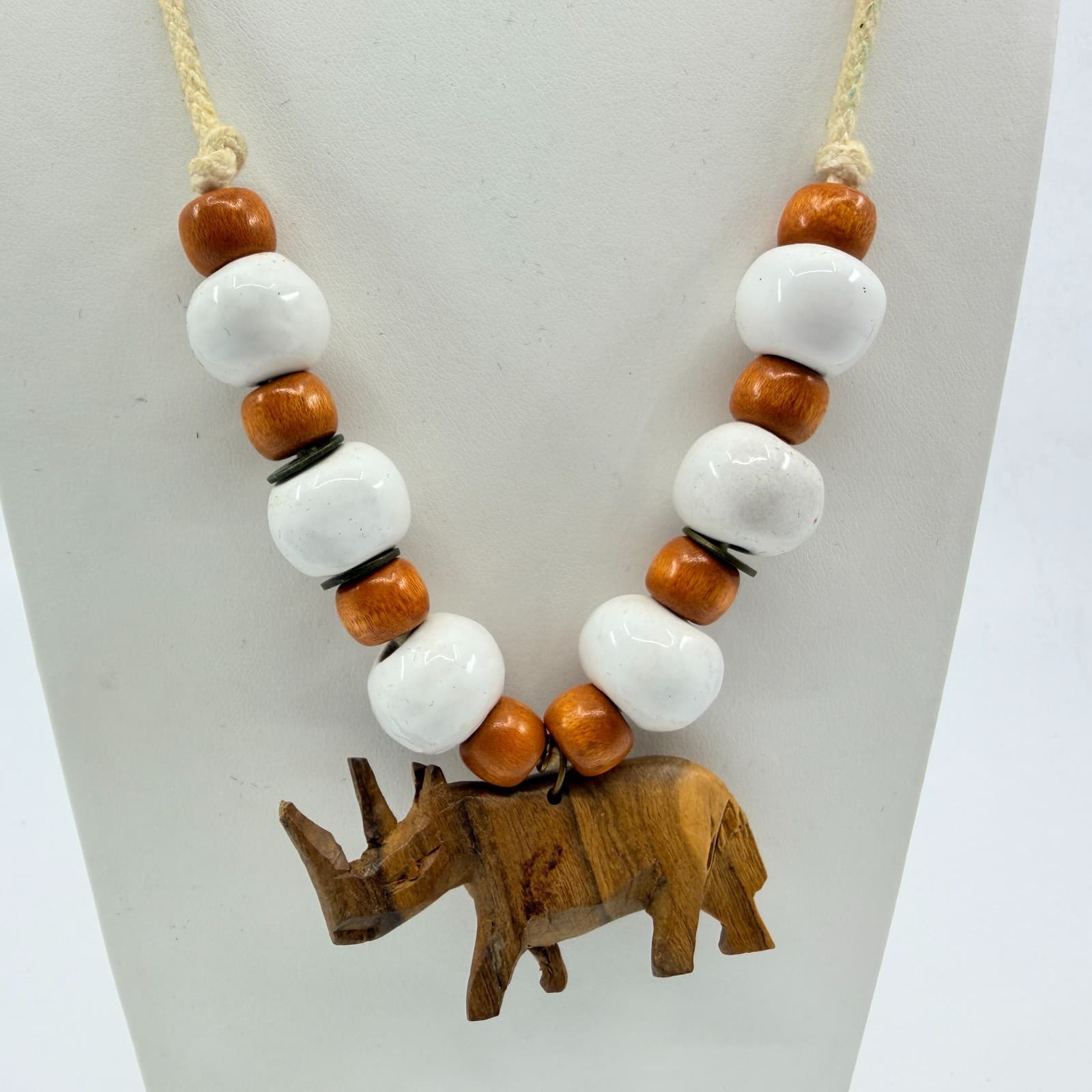 Vintage Carved Wood Rhinoceros Pendant Necklace Boho Ceramic Bead Cord 80s - Thumbnail 3