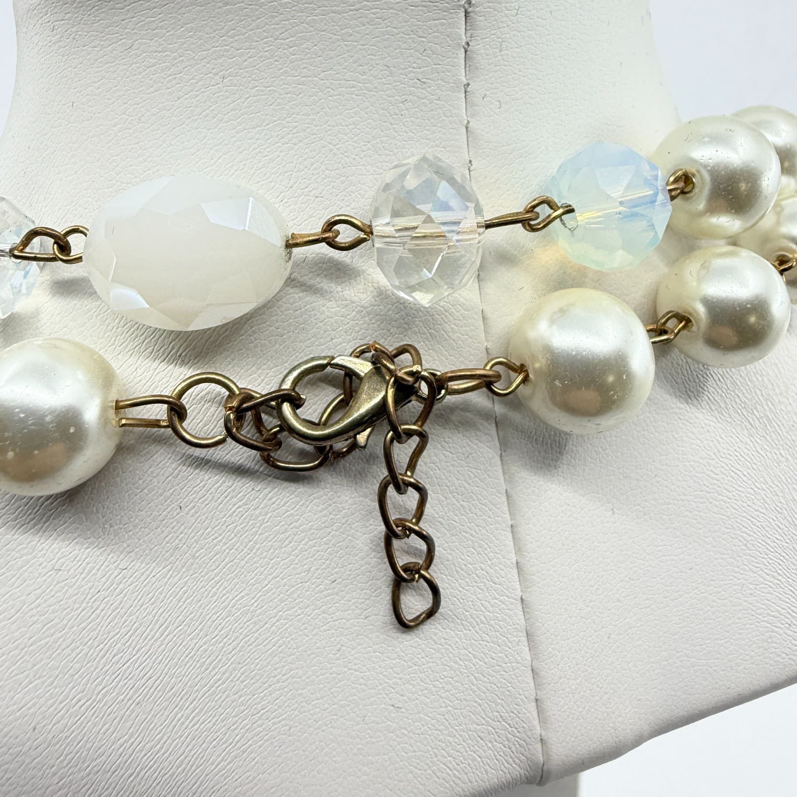 Vintage Faux Pearl Layered Link Necklace Crystal Aurora Borealis Glass Beads - Thumbnail 10