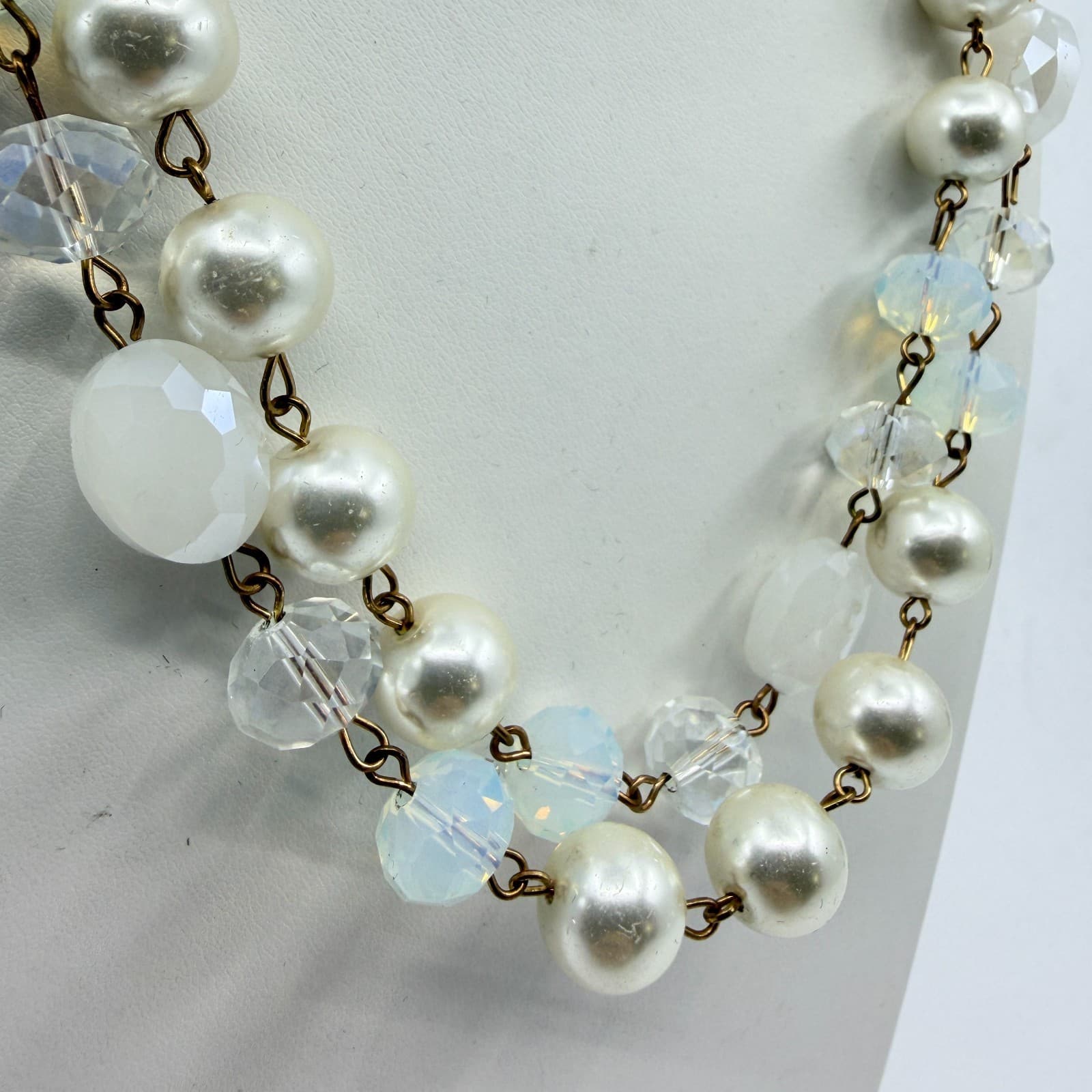 Vintage Faux Pearl Layered Link Necklace Crystal Aurora Borealis Glass Beads - Thumbnail 4