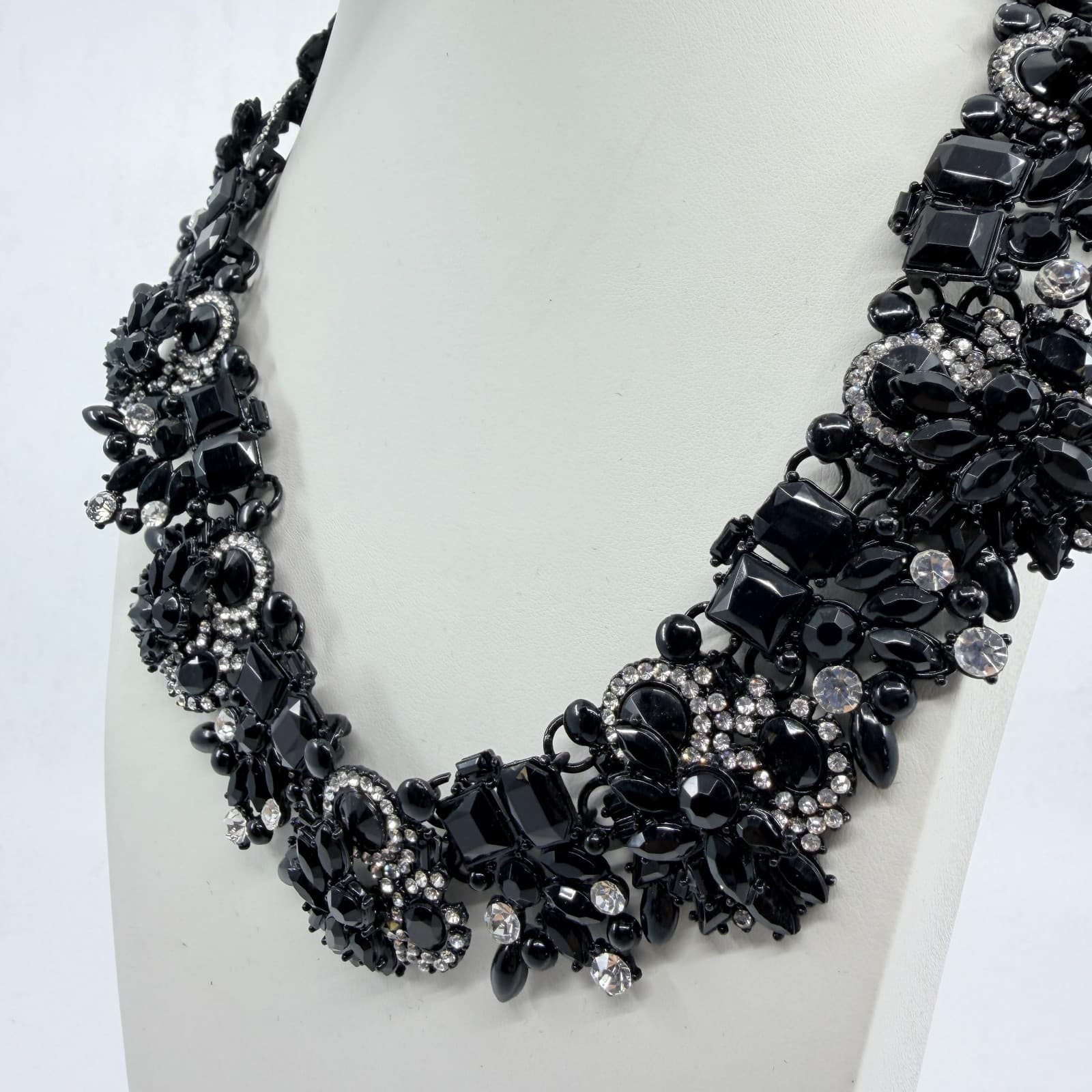 VTG Y2K Black Rhinestone Bib Statement Necklace Chunky Crystal Collar Lobster - Thumbnail 5