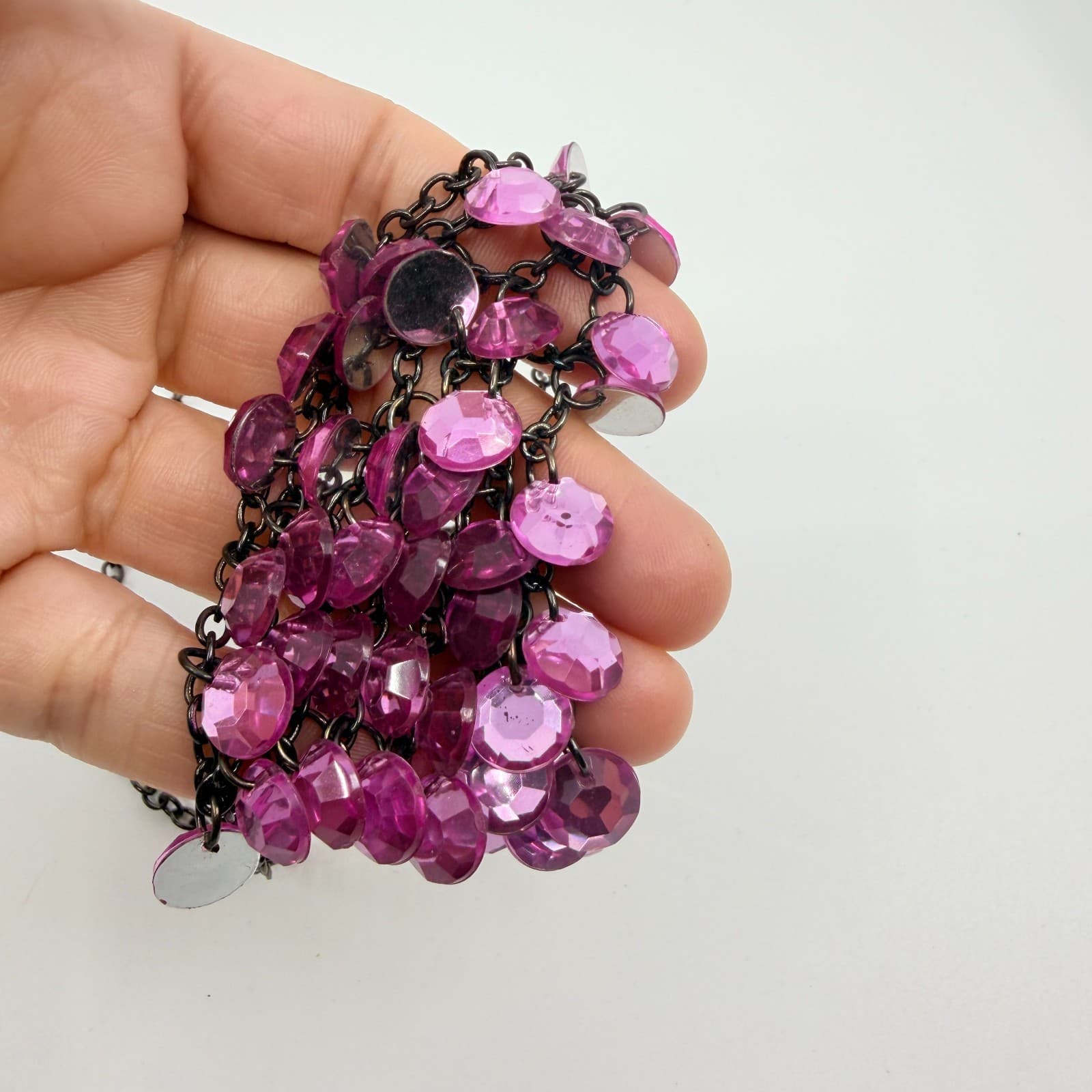 Vintage Gunmetal Tone Purple Faceted Bead Bib Necklace Statement Cluster Retro - Thumbnail 8