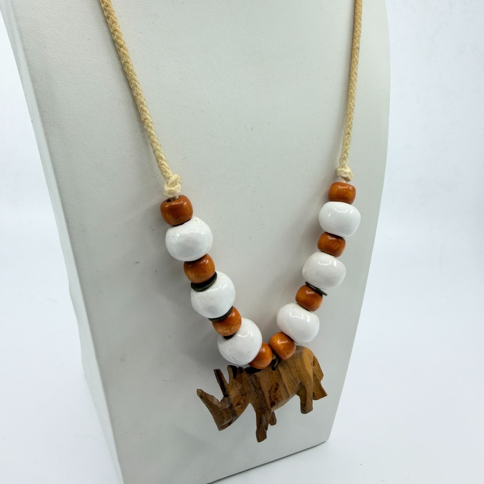 Vintage Carved Wood Rhinoceros Pendant Necklace Boho Ceramic Bead Cord 80s - Thumbnail 6