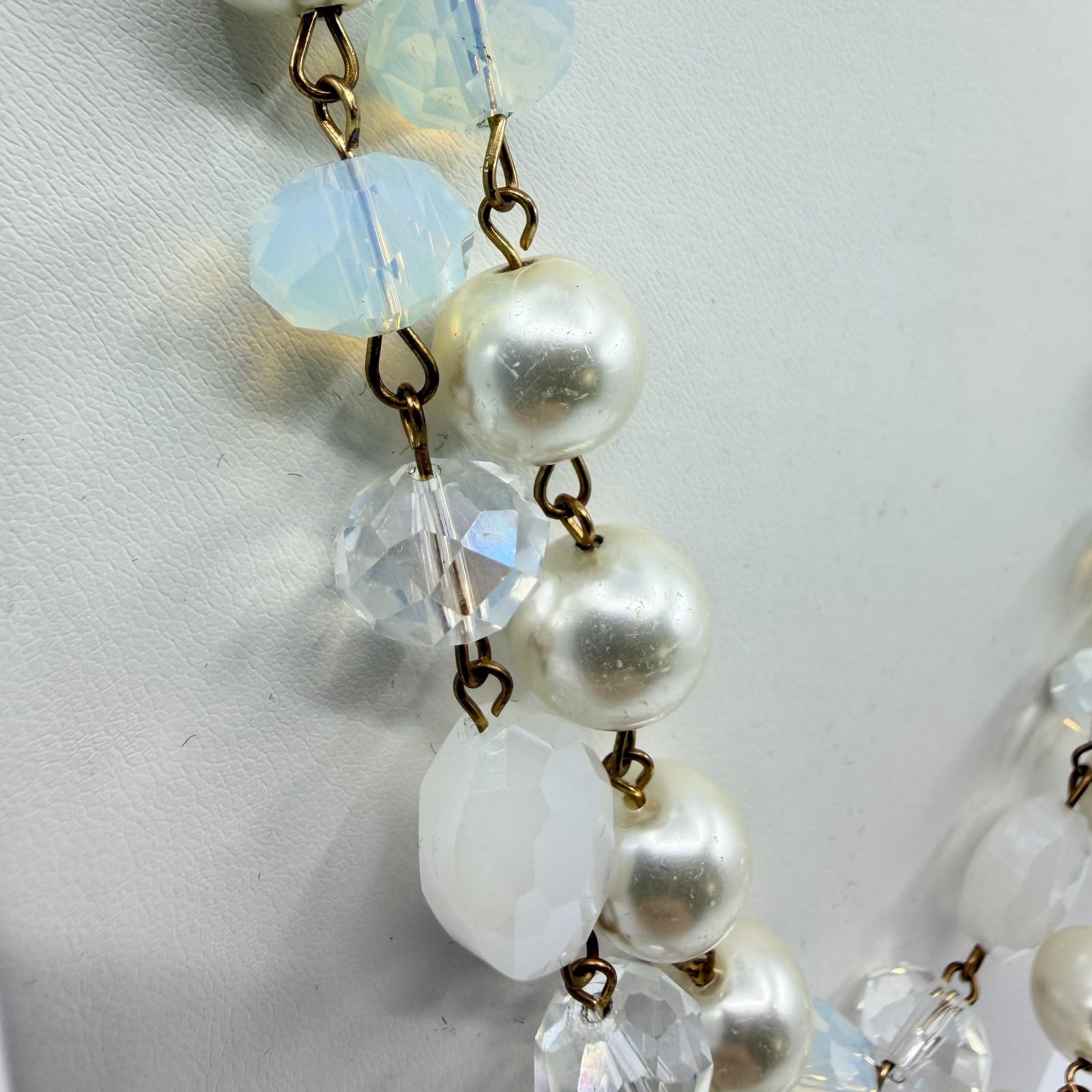 Vintage Faux Pearl Layered Link Necklace Crystal Aurora Borealis Glass Beads - Thumbnail 7
