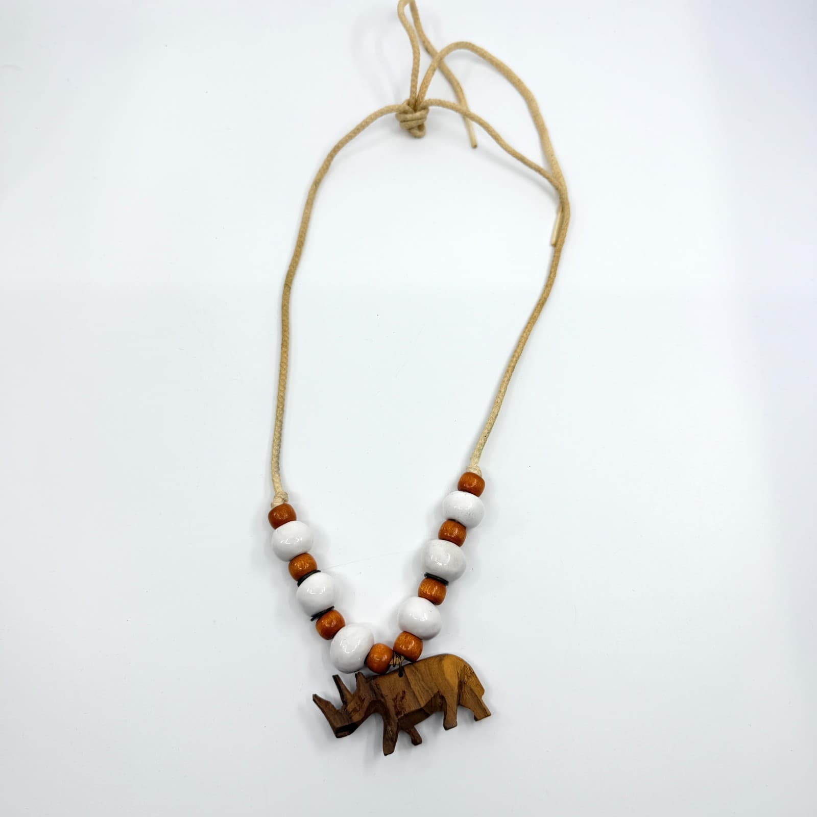 Vintage Carved Wood Rhinoceros Pendant Necklace Boho Ceramic Bead Cord 80s - Thumbnail 9