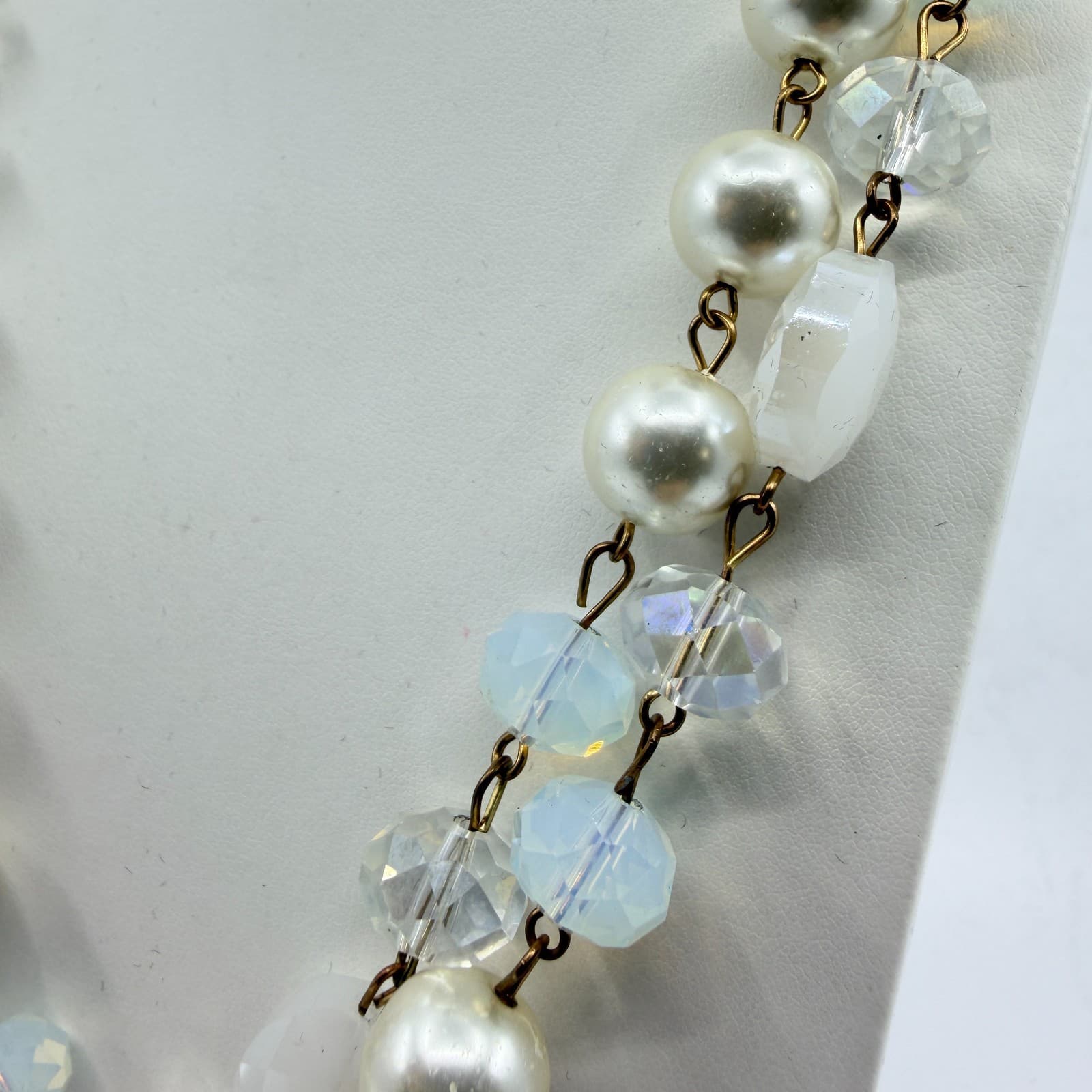 Vintage Faux Pearl Layered Link Necklace Crystal Aurora Borealis Glass Beads - Thumbnail 9