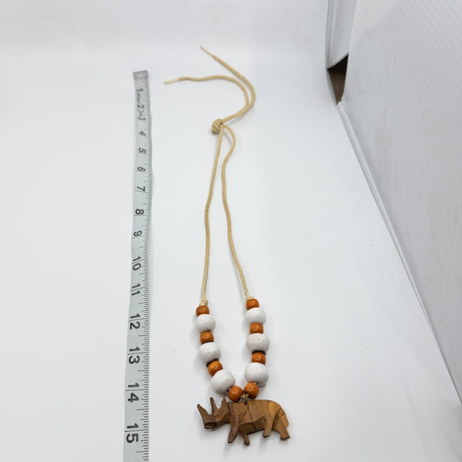 Vintage Carved Wood Rhinoceros Pendant Necklace Boho Ceramic Bead Cord 80s - Thumbnail 10