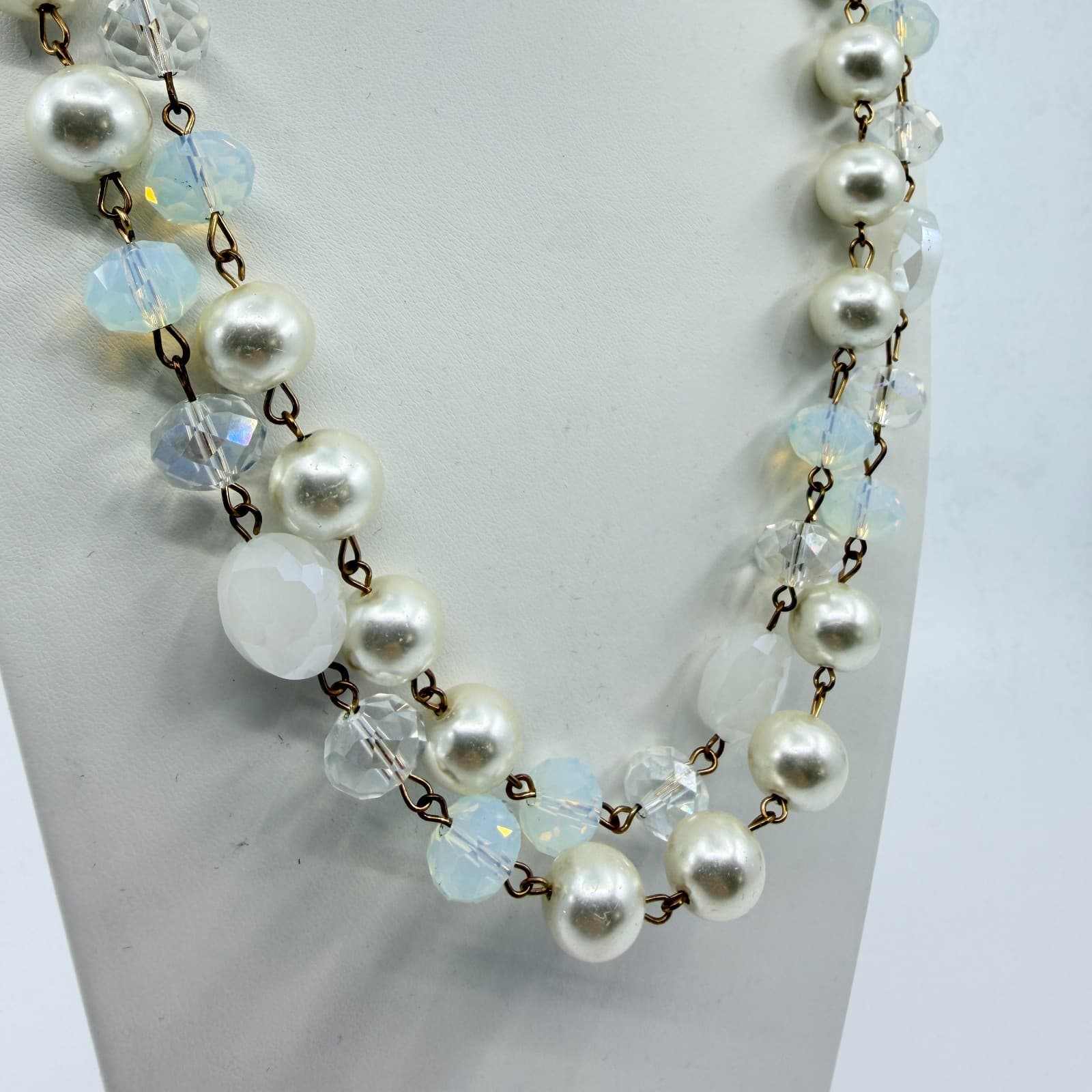 Vintage Faux Pearl Layered Link Necklace Crystal Aurora Borealis Glass Beads - Thumbnail 5