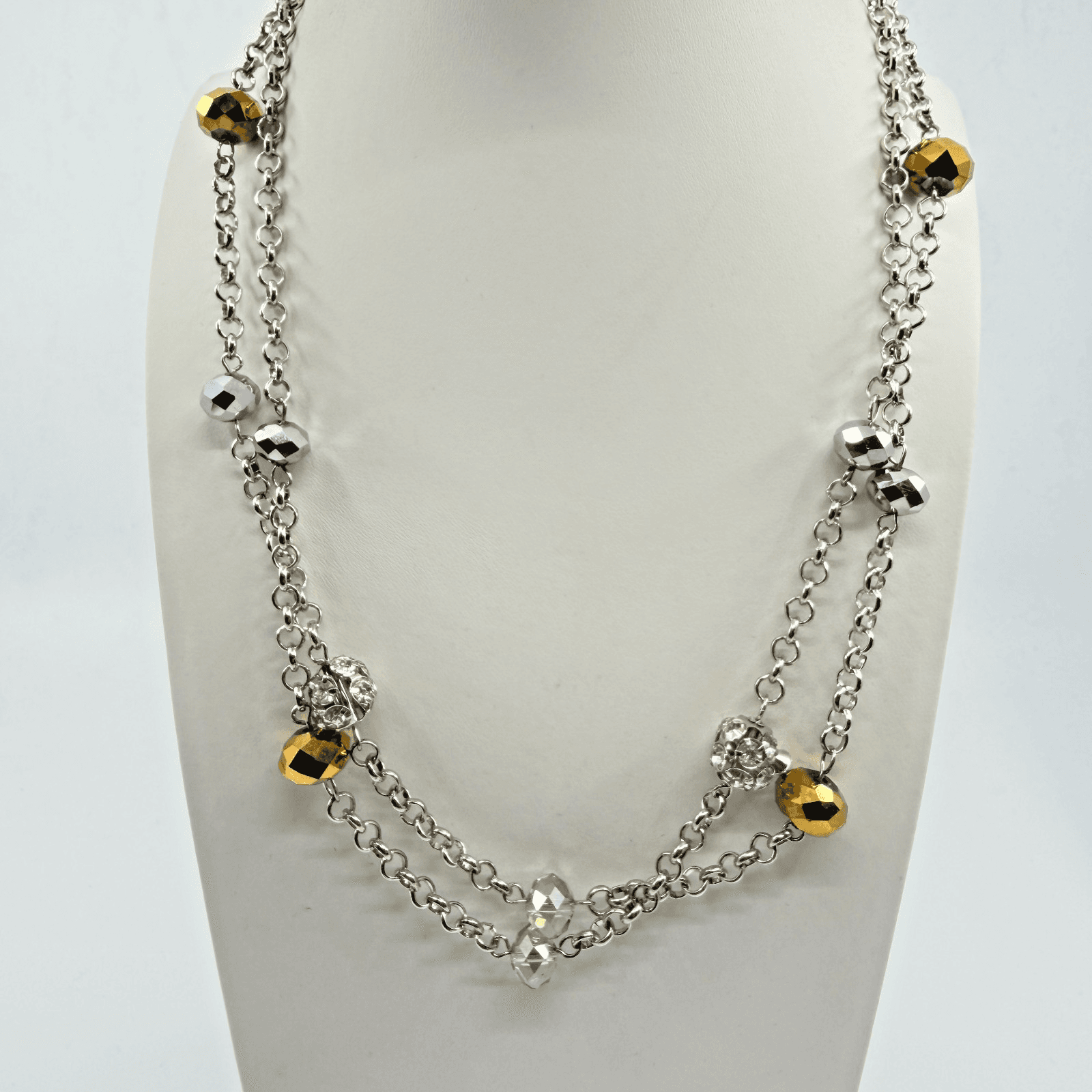 VTG Y2K Silver Tone Multi Strand Long Station Necklace Gold Tone Gray Crystal