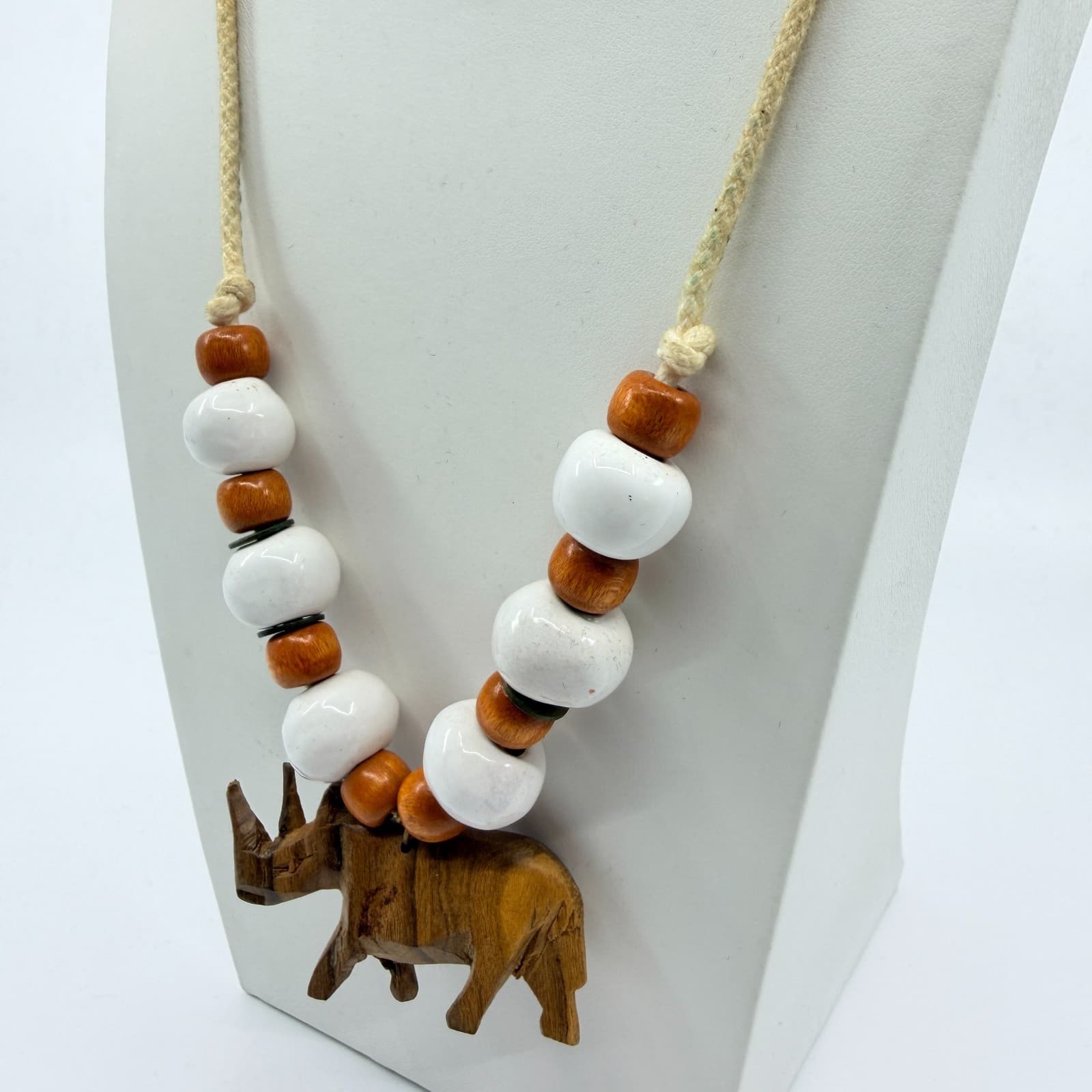 Vintage Carved Wood Rhinoceros Pendant Necklace Boho Ceramic Bead Cord 80s - Thumbnail 7