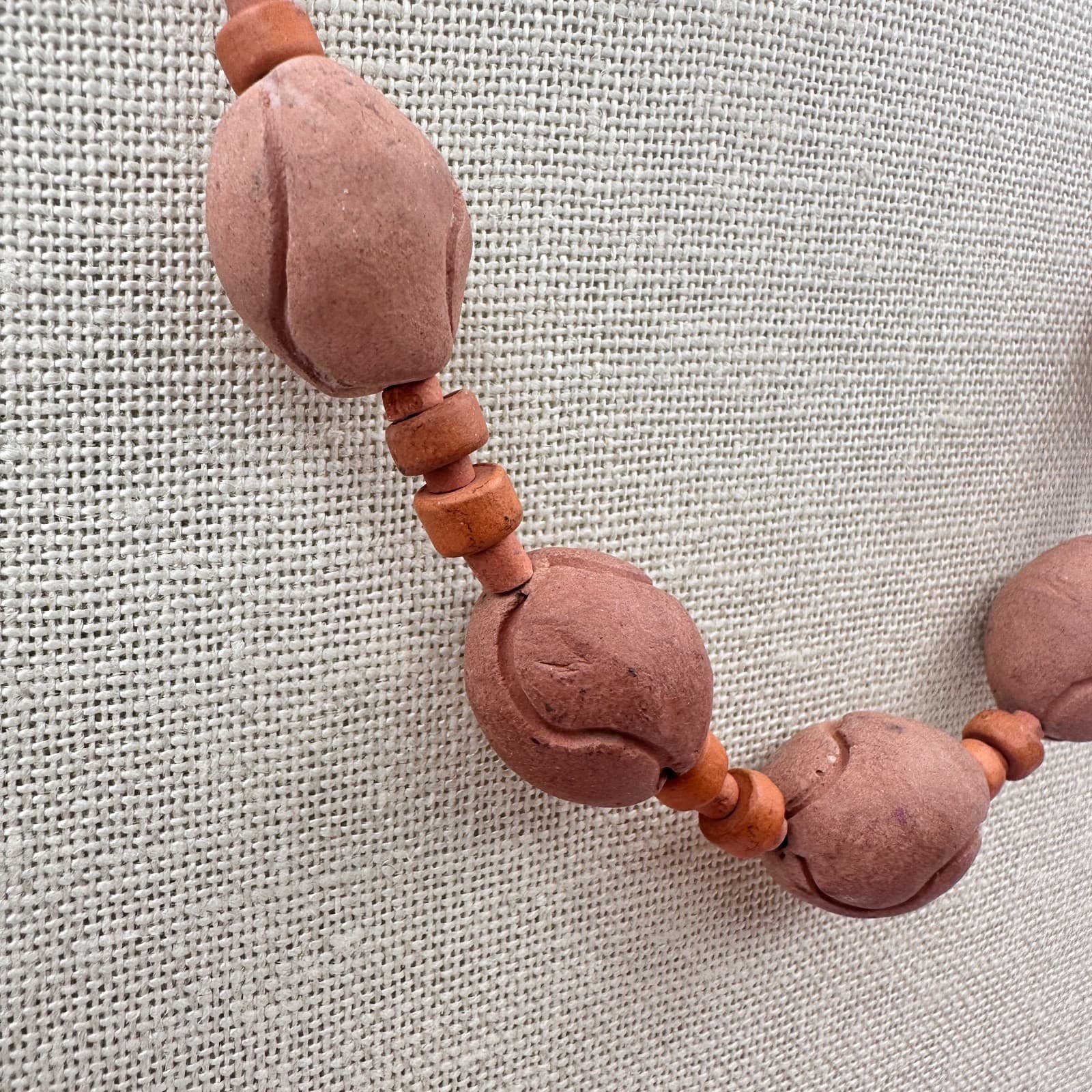 Vintage 90s Terracotta Wooden Beaded Necklace Statement Women's Classic Jewelry - Thumbnail 5