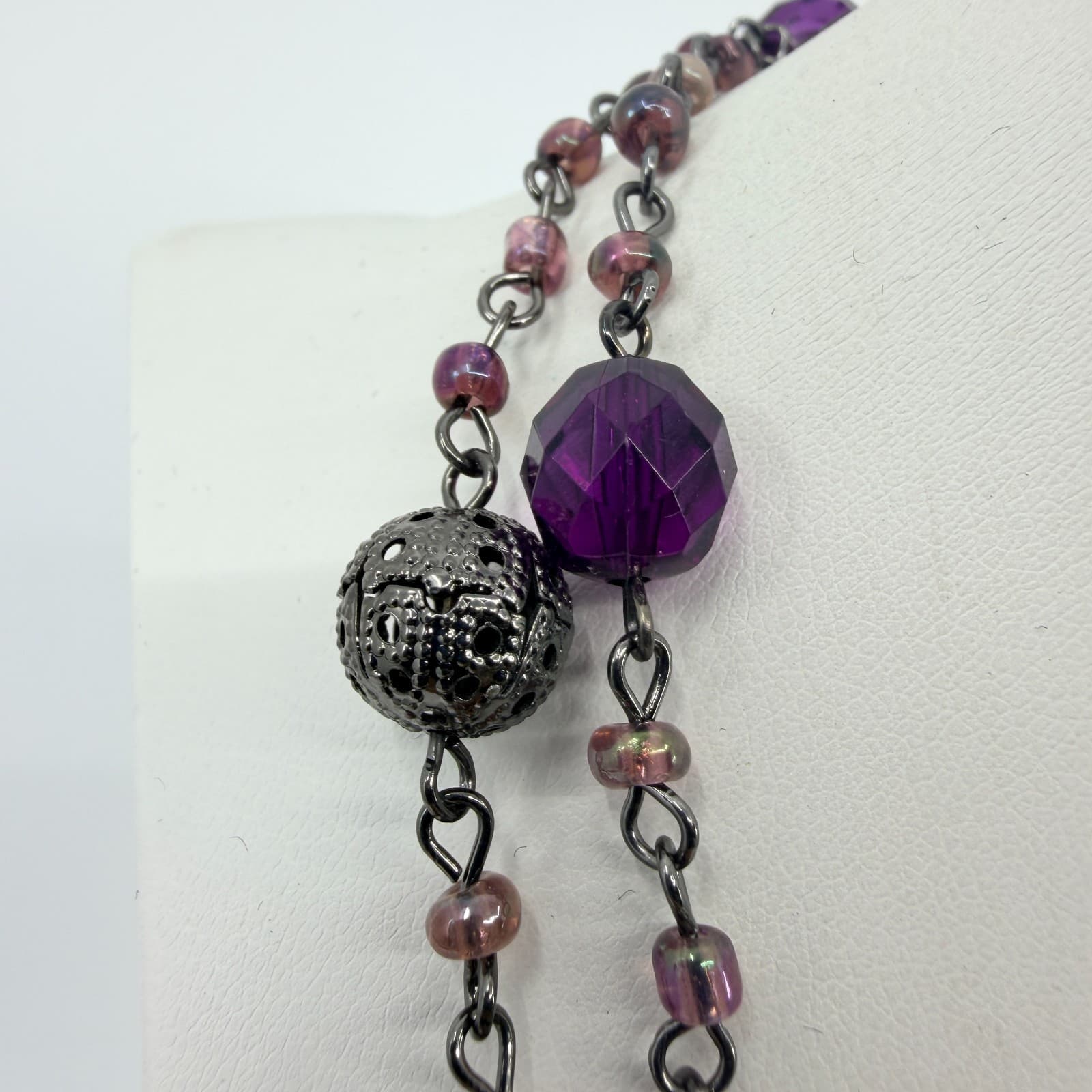 Vintage Gunmetal Tone Purple Multi Stone Long Necklace Beaded Filigree Boho 90s - Thumbnail 4