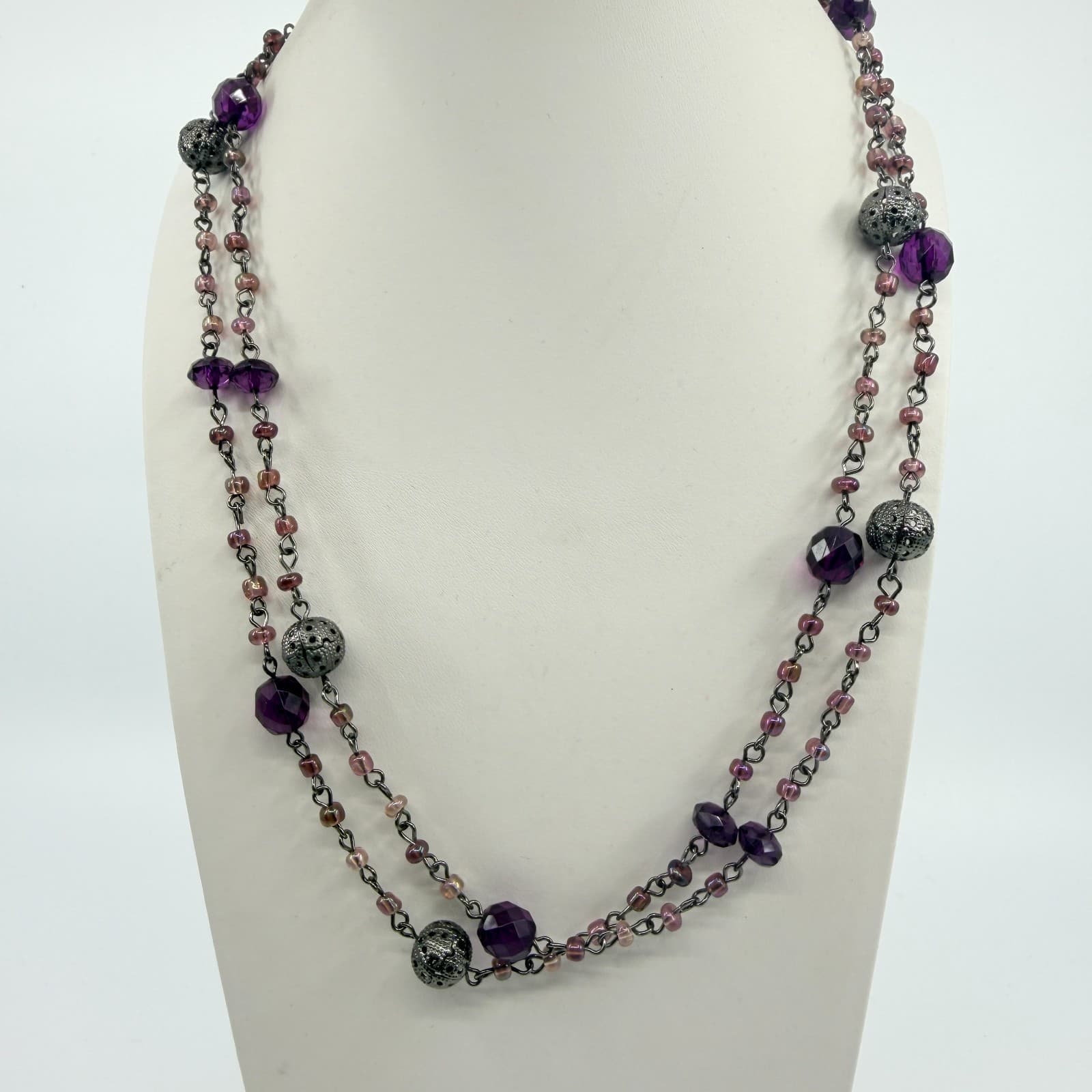 Vintage Gunmetal Tone Purple Multi Stone Long Necklace Beaded Filigree Boho 90s - Thumbnail 5