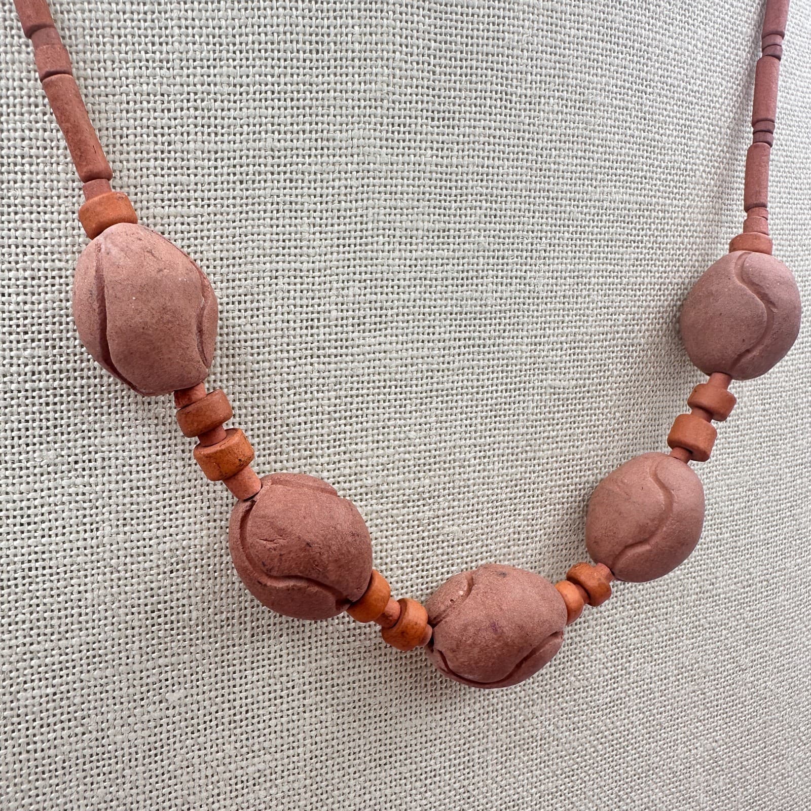 Vintage 90s Terracotta Wooden Beaded Necklace Statement Women's Classic Jewelry - Thumbnail 6