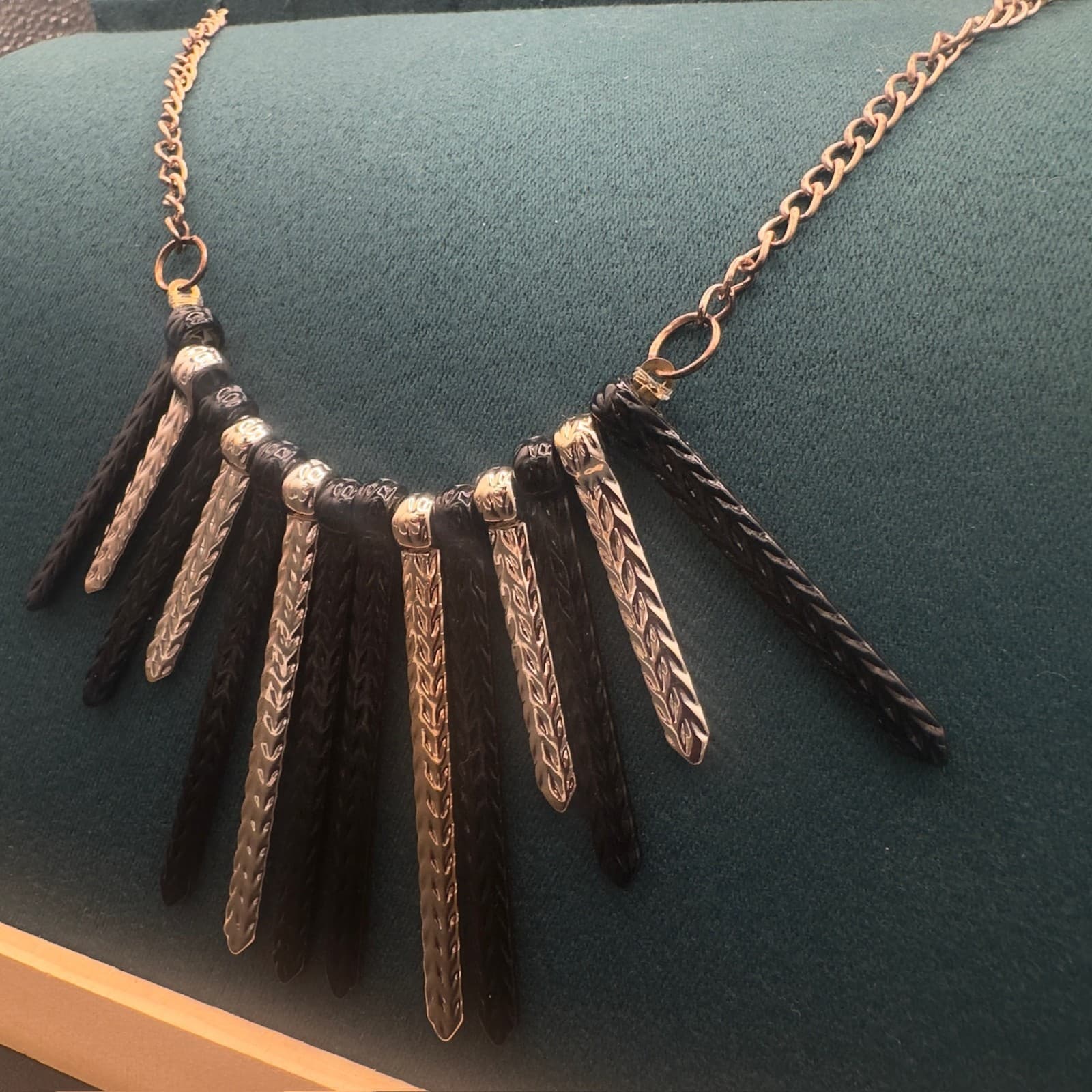 Vintage Two-Tone Etched Dagger Fringe Statement Necklace Boho Tribal Chic