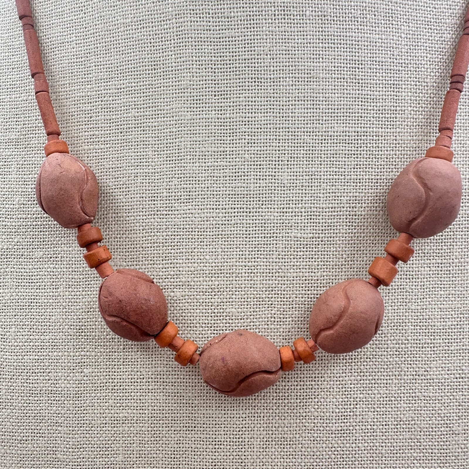 Vintage 90s Terracotta Wooden Beaded Necklace Statement Women's Classic Jewelry - Thumbnail 3