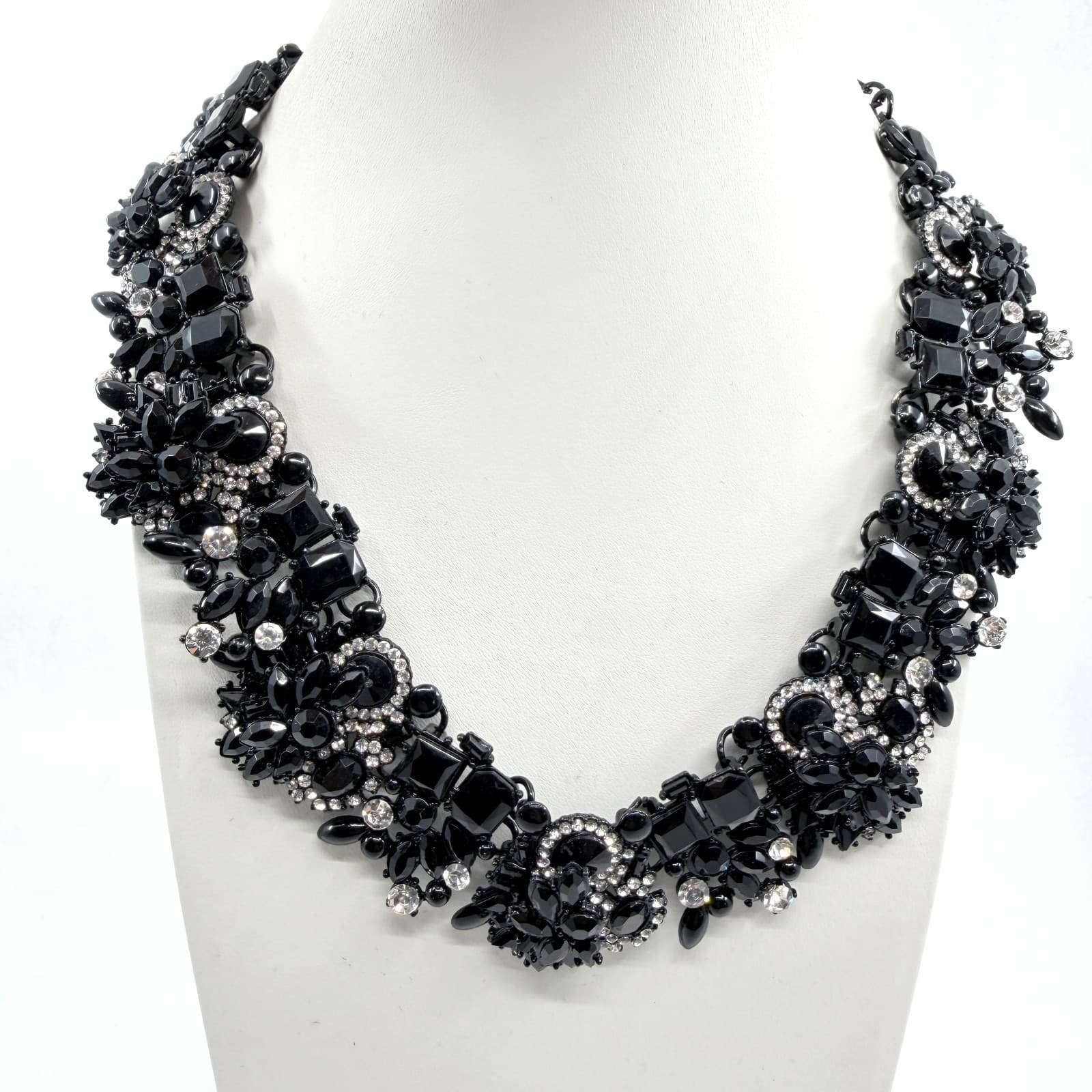 VTG Y2K Black Rhinestone Bib Statement Necklace Chunky Crystal Collar Lobster