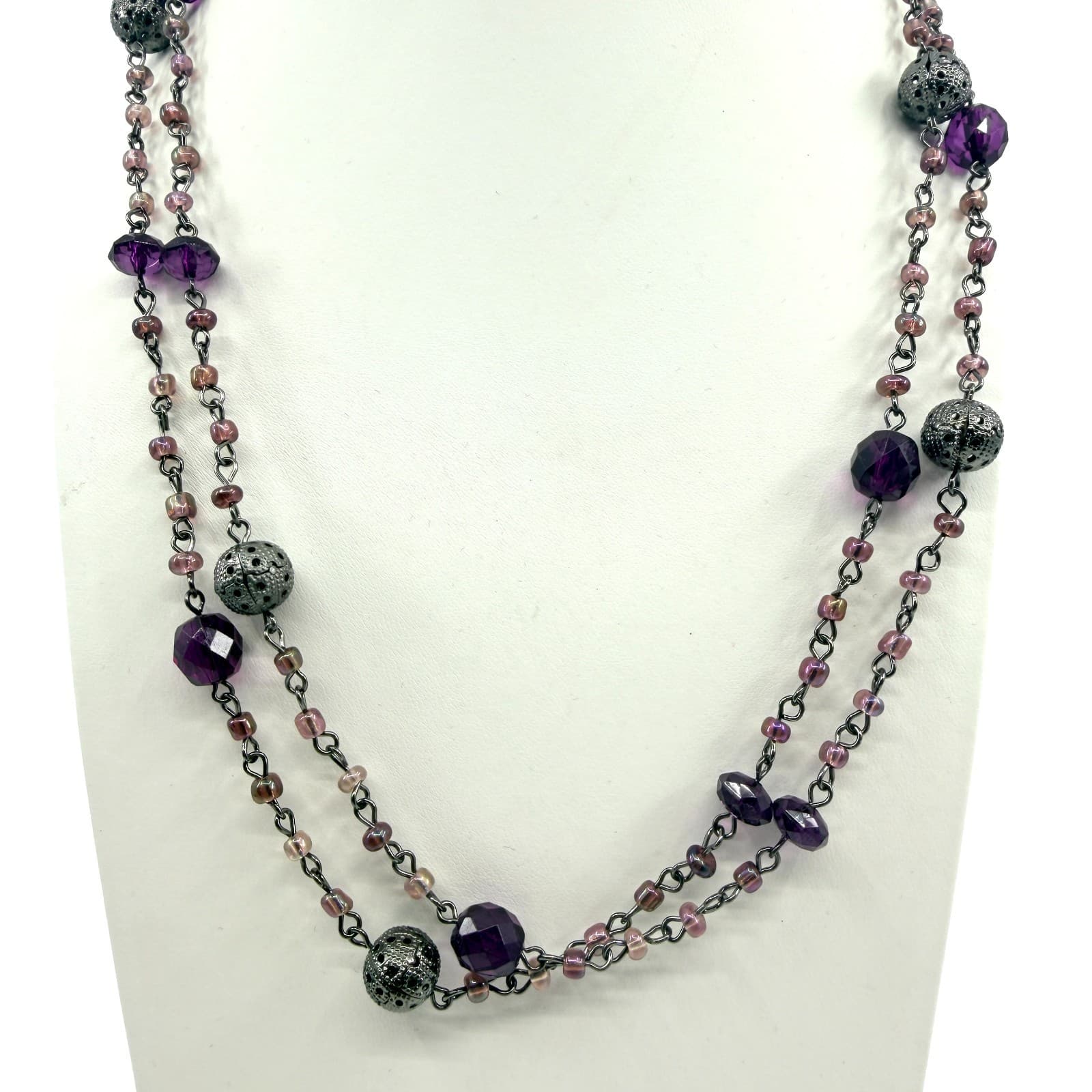 Vintage Gunmetal Tone Purple Multi Stone Long Necklace Beaded Filigree Boho 90s