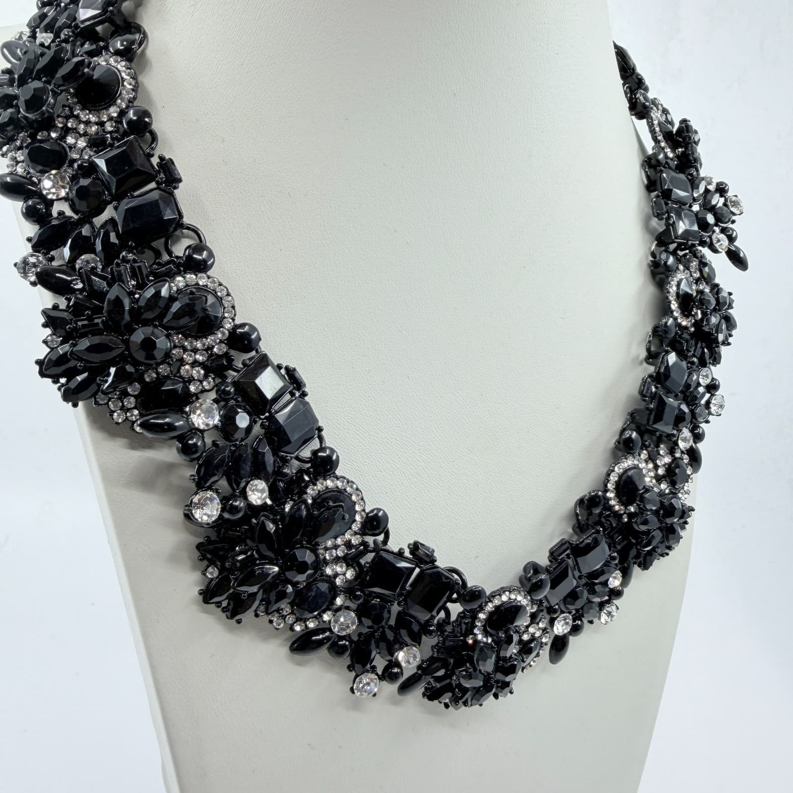 VTG Y2K Black Rhinestone Bib Statement Necklace Chunky Crystal Collar Lobster - Thumbnail 4