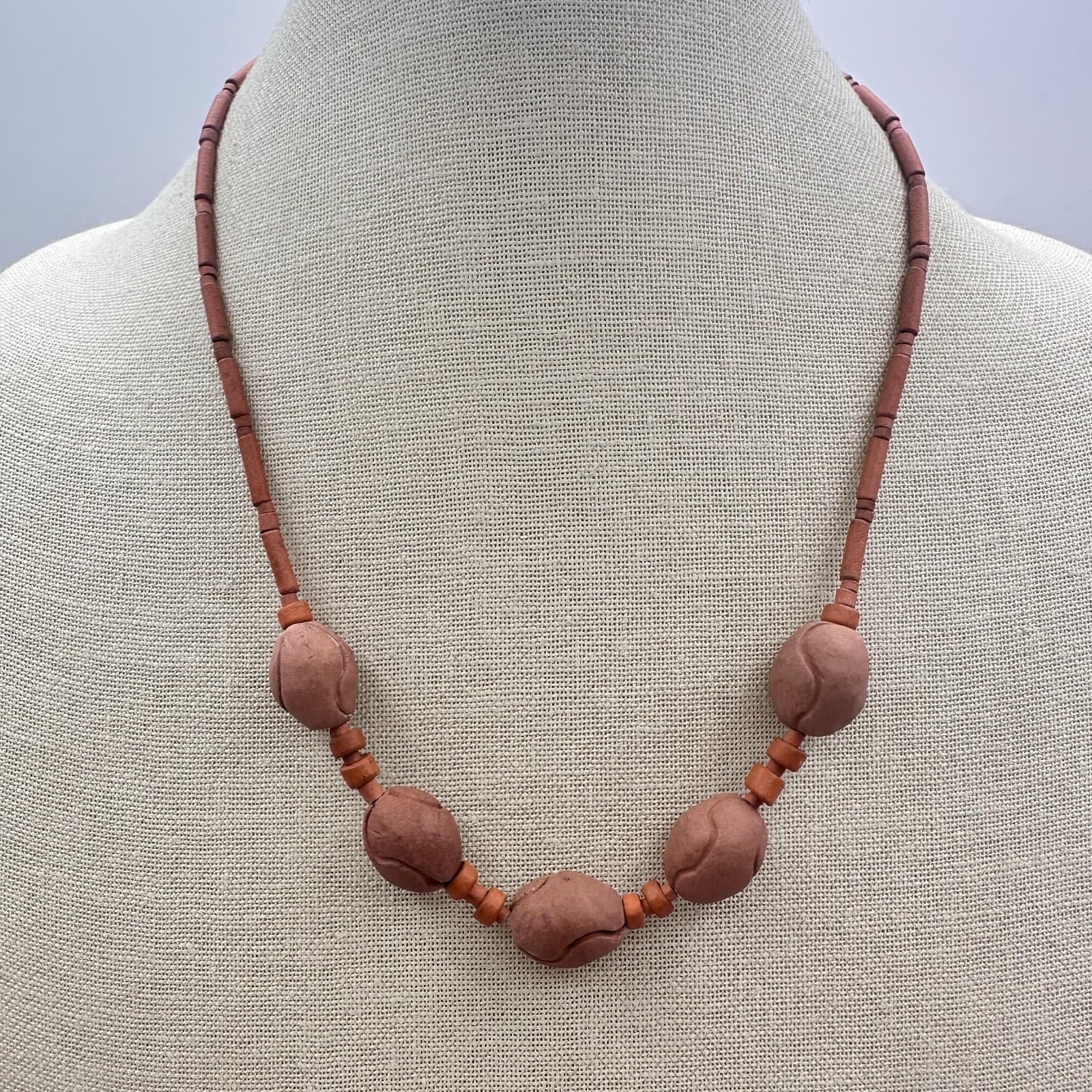 Vintage 90s Terracotta Wooden Beaded Necklace Statement Women's Classic Jewelry - Thumbnail 2