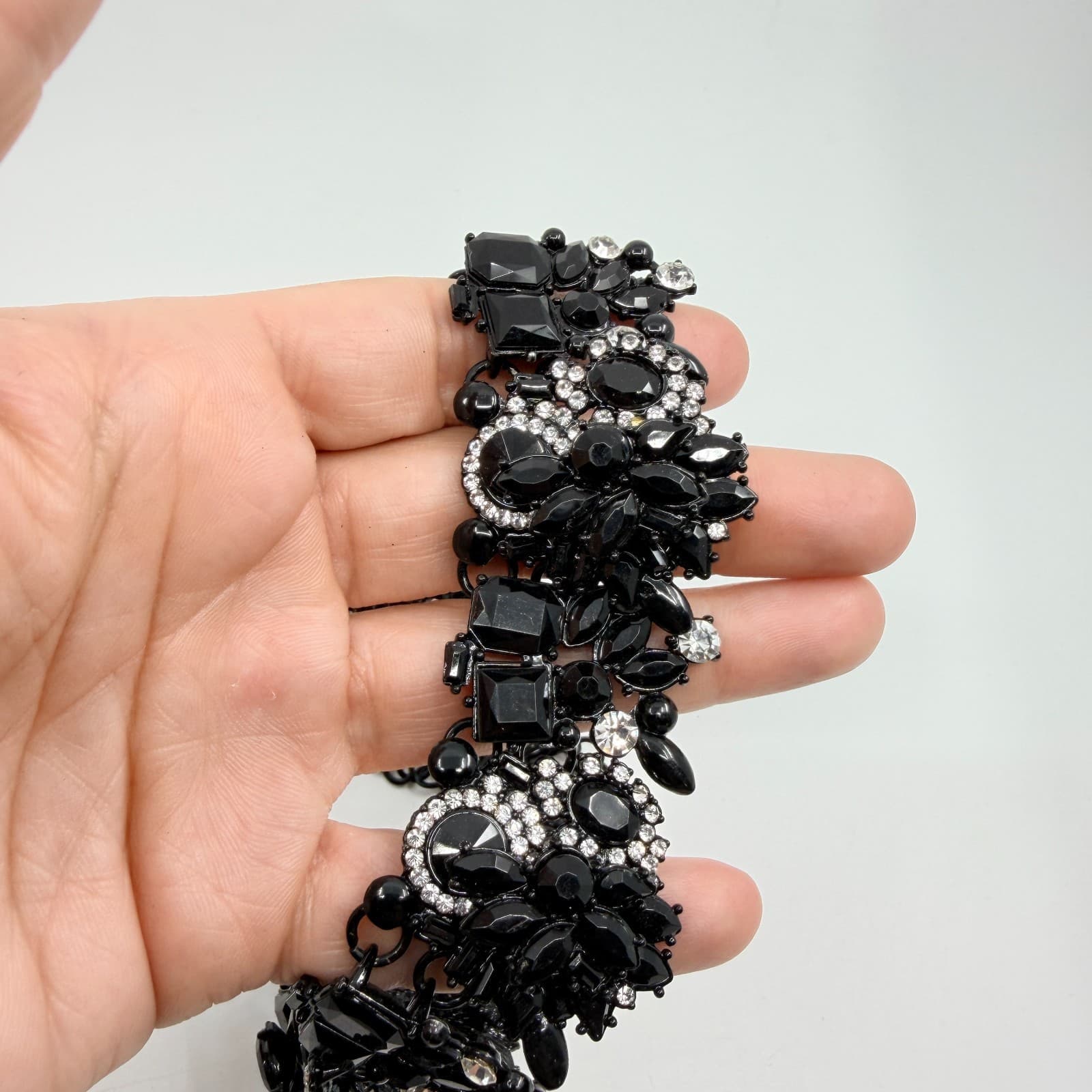 VTG Y2K Black Rhinestone Bib Statement Necklace Chunky Crystal Collar Lobster - Thumbnail 9